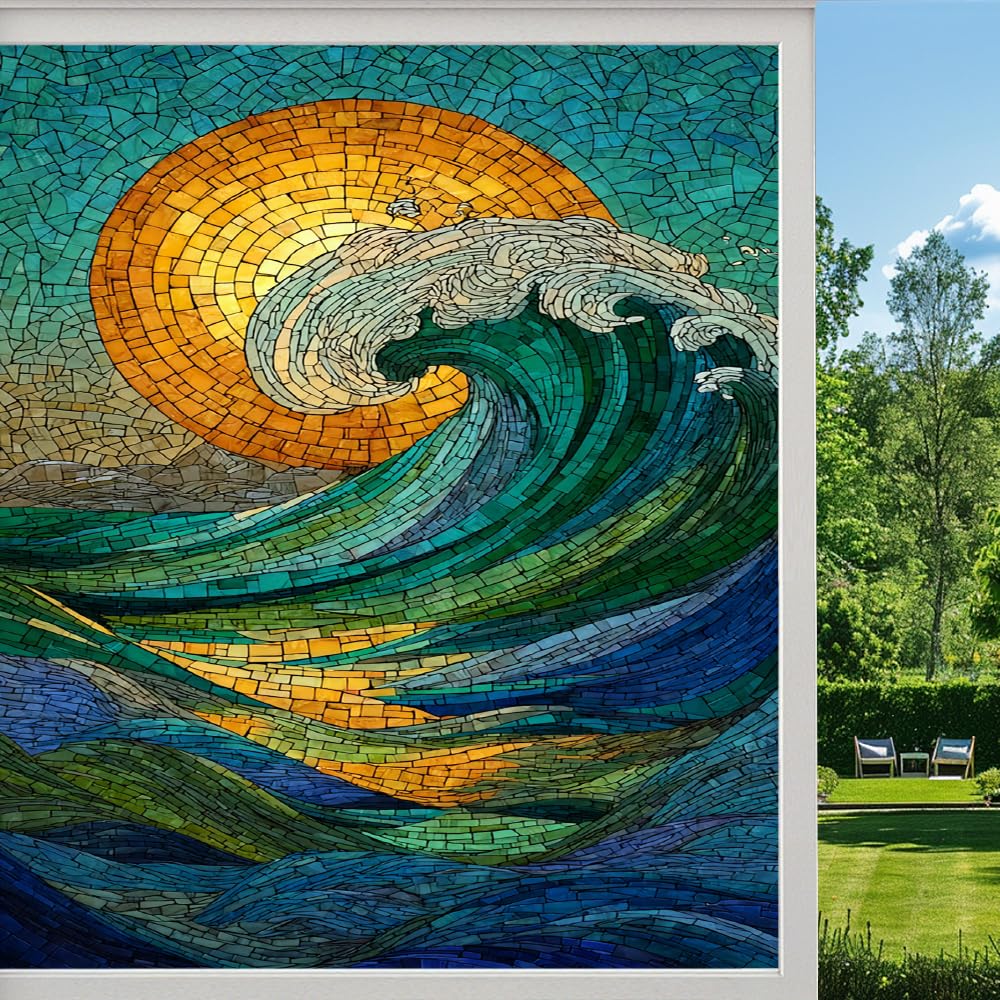 Pmlbaous Sea Wave Scenery Privacy Window Film, Abstract Ocean Sunrise Frosted Self-Adhesive Vinyl Cling For Glass Doors Bathroom Windows Sun Blocking Heat Control, （55X100cm）