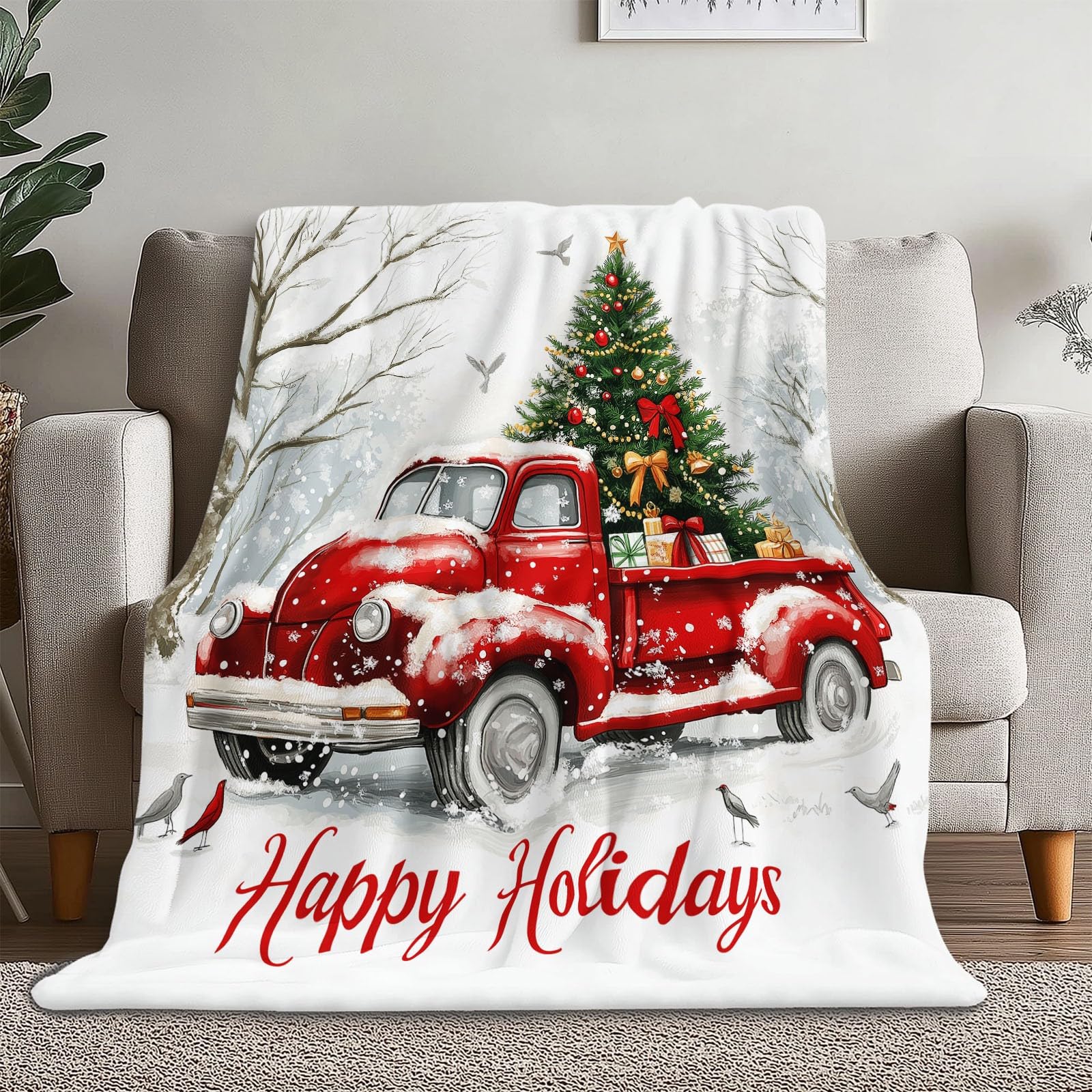 Manta de Franela Polar, Suave y cálida, con Estampado Navidad Camión Retro Manta de Viaje para Dormitorio Sala de Estar Oficina 200 x 220 cm, Blanco