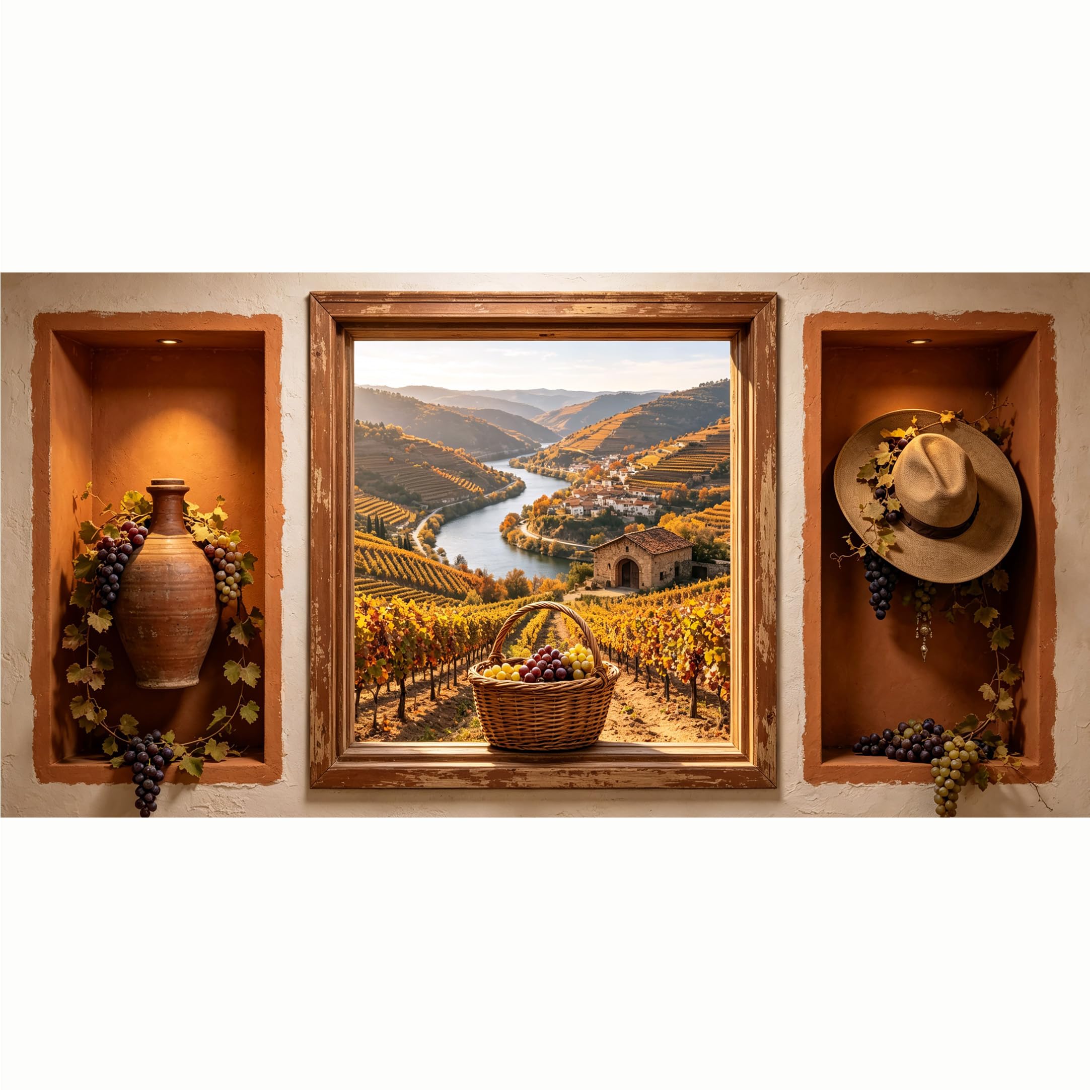 QZLITHOTIC 50x100cm 3D Framed Wall Art， Tuscany Vineyard Landscape Autumn Harvest Wicker Basket Self‑Adhesive Mural， Water‑Activated Peel & Stick Fabric Decor Wall Decal for Bedroom Living Room