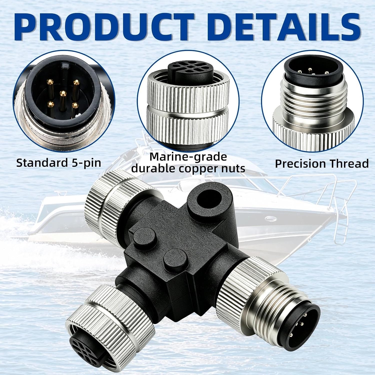 NMEA 2000 T Connector, N2K Tee Adapter with Marine-Grade Brass Locking Nuts, 5-Pin M12 Connector for Secure NMEA 2000 Network Connections, Compatible with Lowrance, Garmin, Simrad, B&G, and Navico