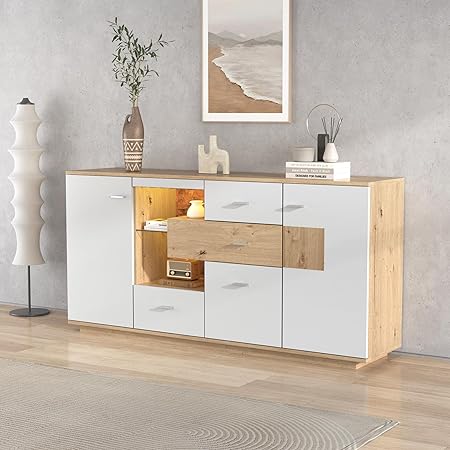 KecDuey Sideboard 152cm Schwarz - Buffetschrank Mit Goldenen Griffen