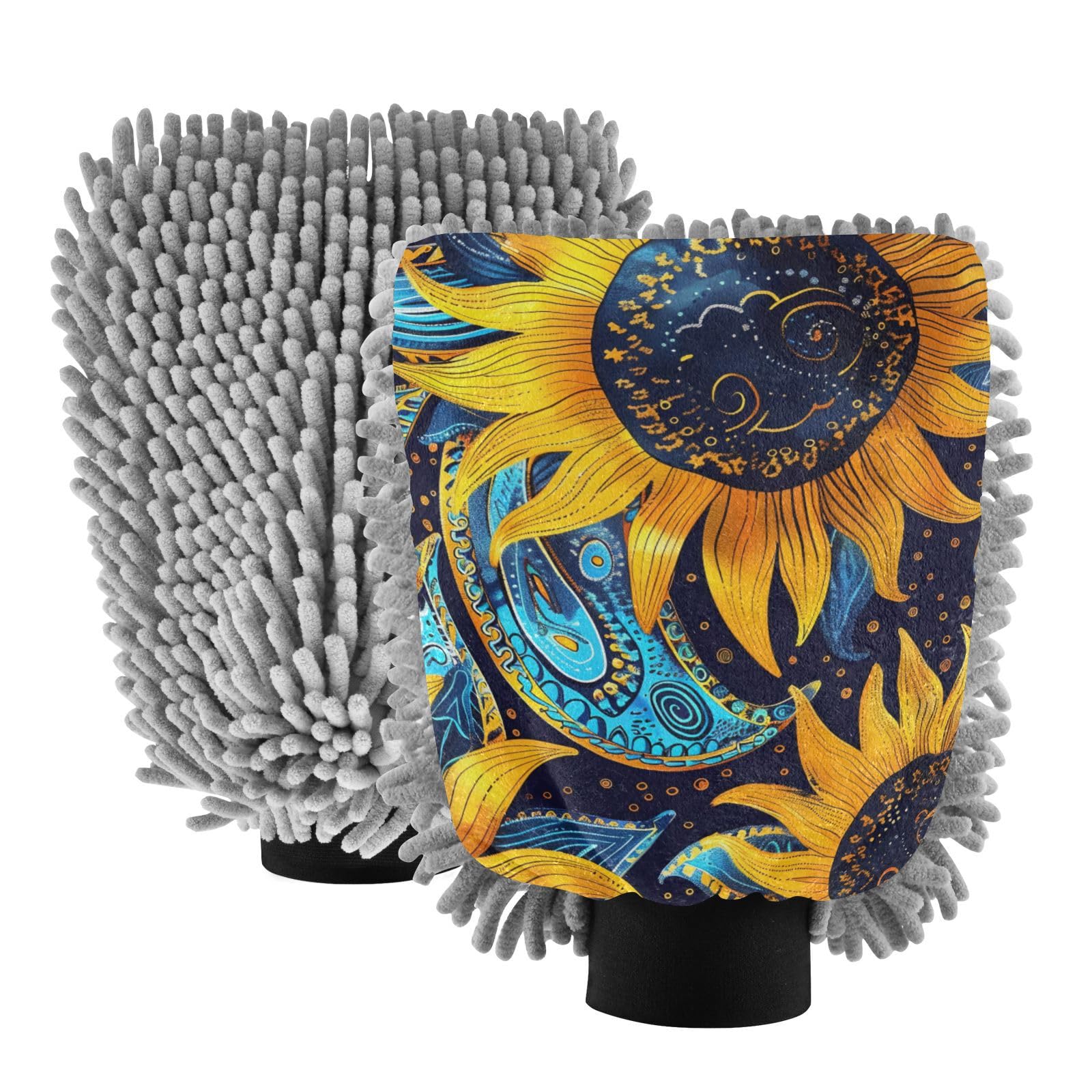 IOACIY Absorbent Microfiber Car Wash Drying Mitts, 2 Pack, Scratch-Free & Lint-Free, Rich Foam, Highly Absorbent, Double Sided, Wash Mitt Perfect for Car Washing, L, Sunflower (25)