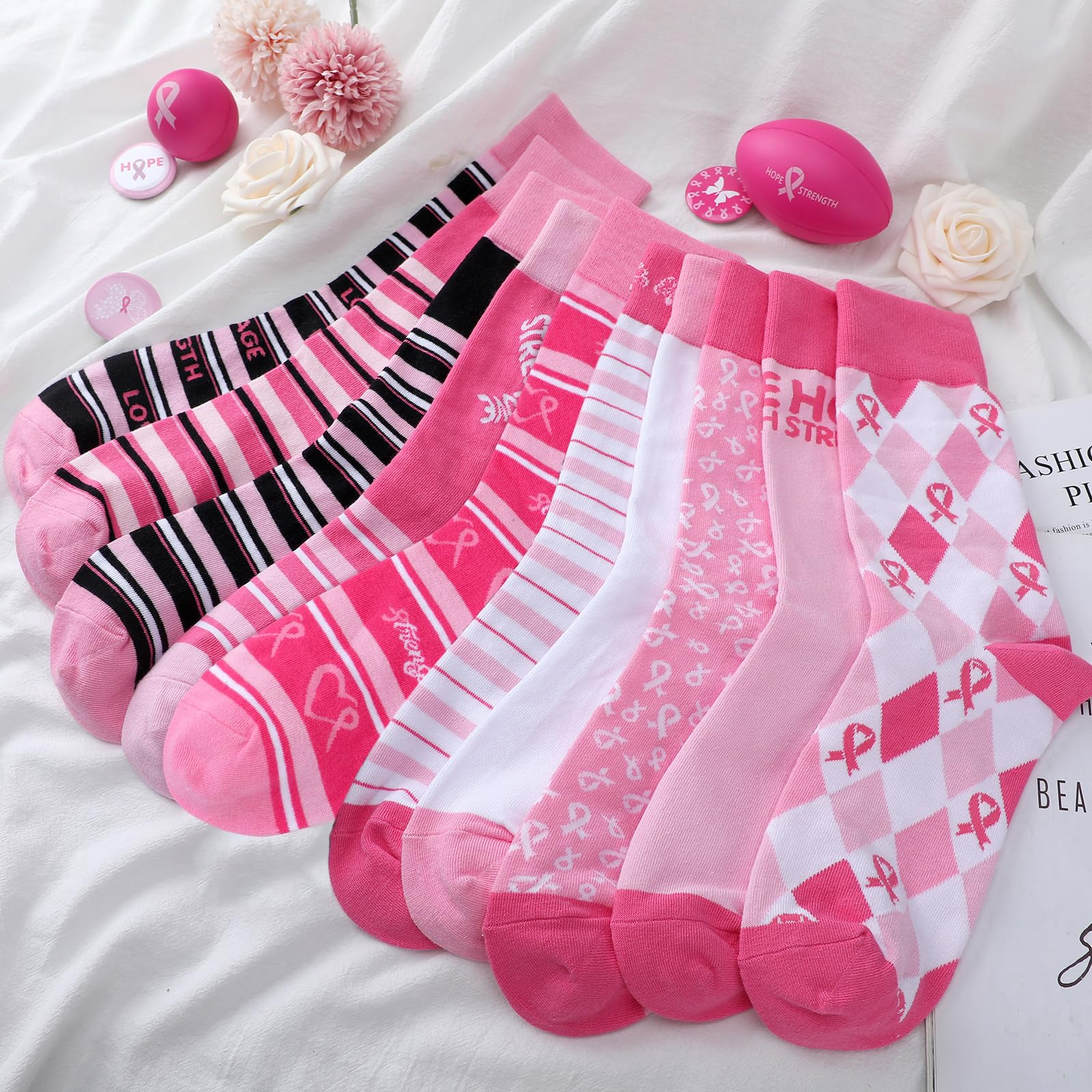 Xtinmee 50 Pairs Breast Cancer Awareness Ankle Crew Socks Cotton Breast Cancer Socks Pink Crew Socks for Women Men Sport Gifts, 10 Styles, One Size