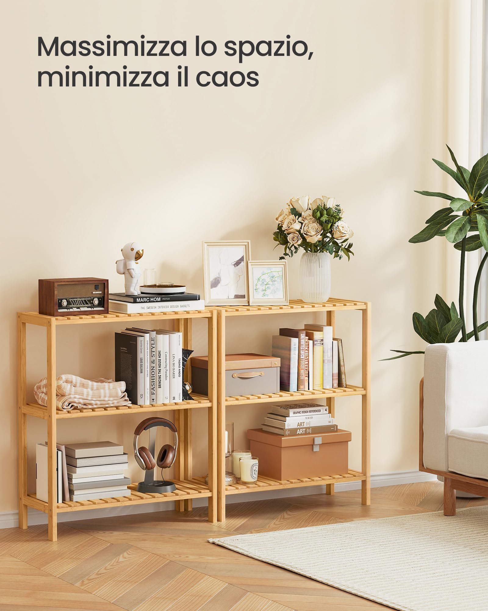SONGMICS Scaffale Portaoggetti in Bambù, Mensola a 3 Ripiani, Multiuso, per Ingresso, Bagno, Soggiorno, Balcone, Cucina, 26 x 60 x 66 cm, Beige Naturale BCB33Y