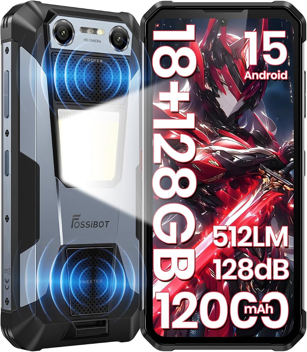 FOSSIBOT F106 Plus Rugged Smartphone, 12000mAh Big Battery 20W Fast Charging Phone, Android 15, 18GB+128GB/2TB, 512LM Camp Light, 128dB Double Speaker, 50MP+20MP Night Vision Camera, 4G Dual SIM NFC