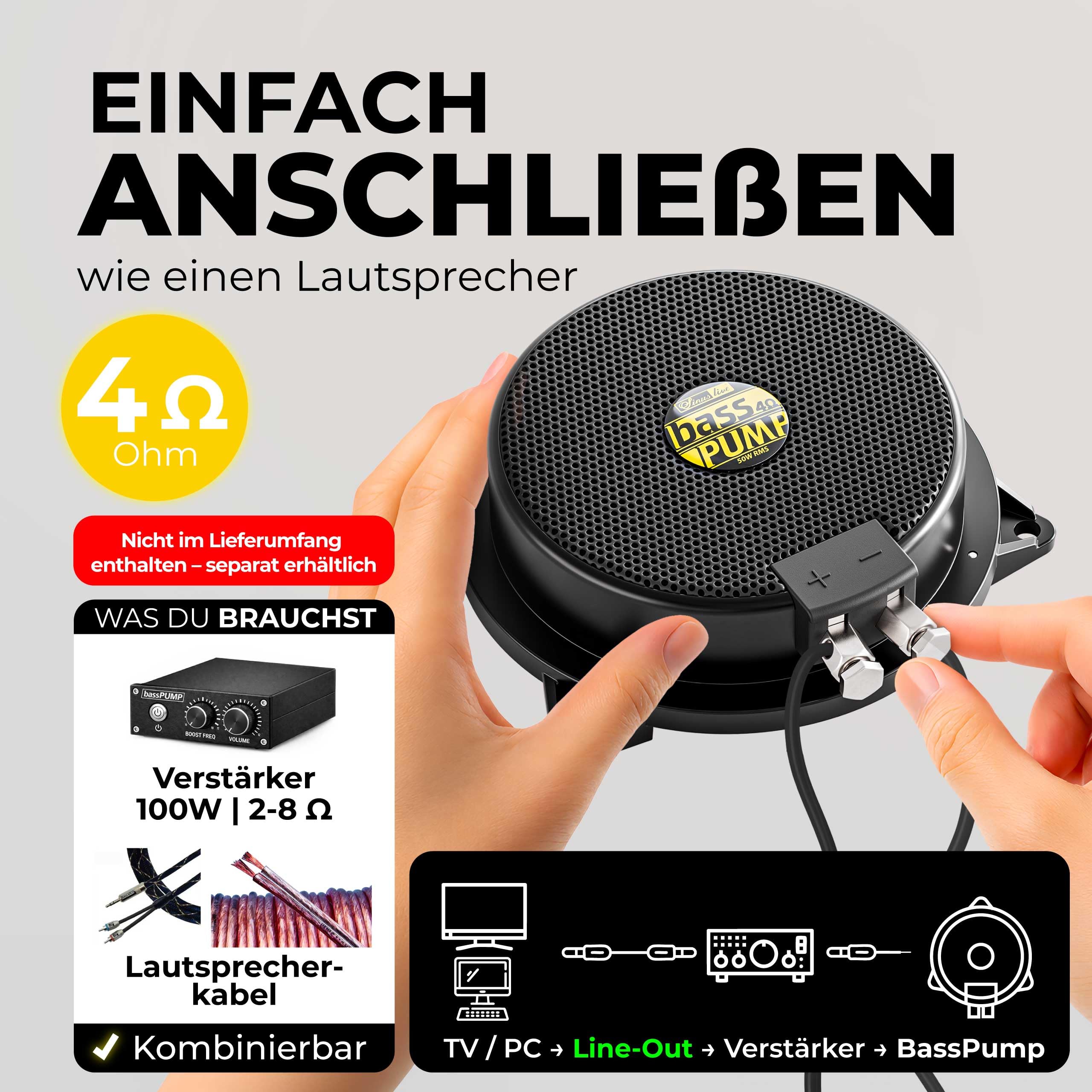 Sinuslive bassPUMP 4 Ohm Körperschallwandler, 50 W RMS Bass-Shaker für spürbaren Bass, Heimkino, Gaming-Stuhl, Sofa, Auto und SIM Racing, Body Shaker - 4 Ohm schwarz