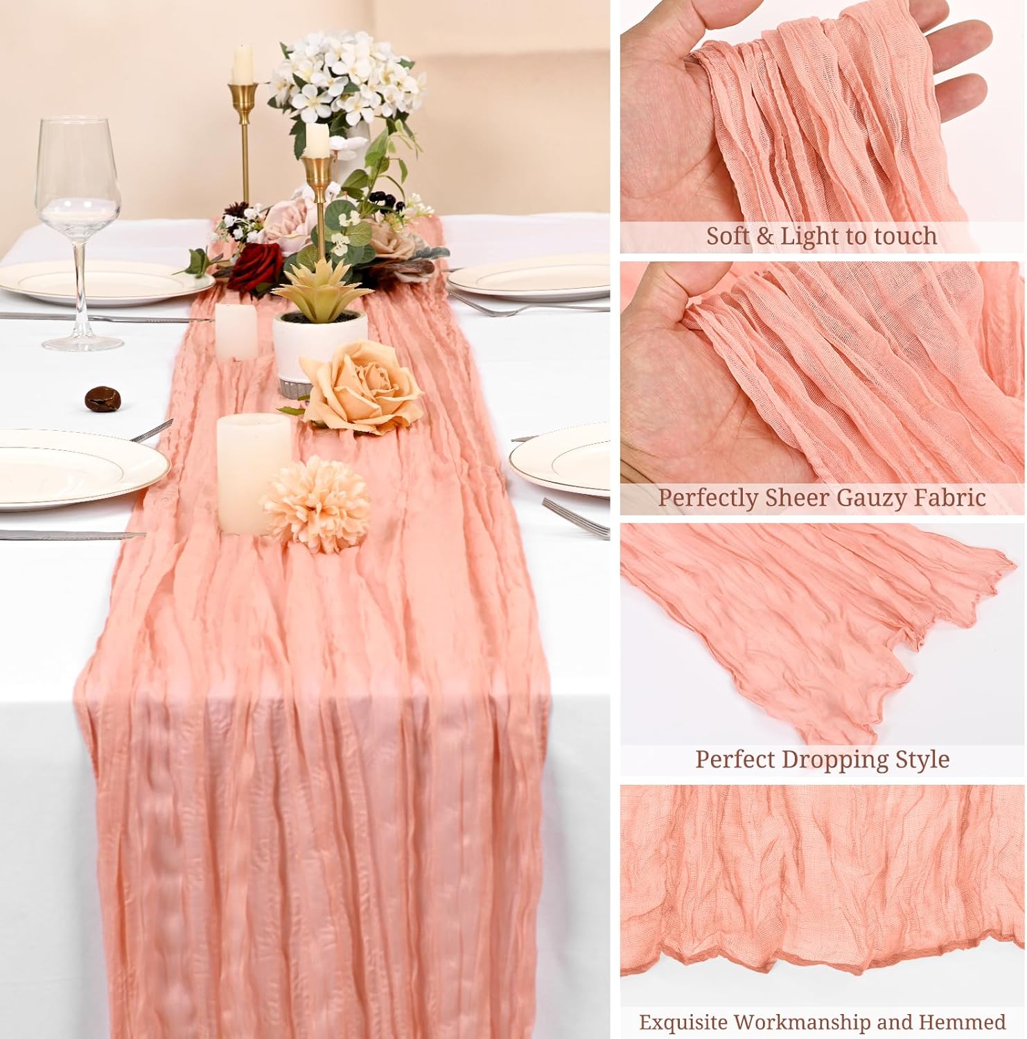 24 Pack Coral Cheesecloth Table Runner 10FT Cheese Cloths for Wedding Decor, 20x120inch Rustic Boho Gauze Table Runners for Wedding Party Bridal Shower Table Decoration