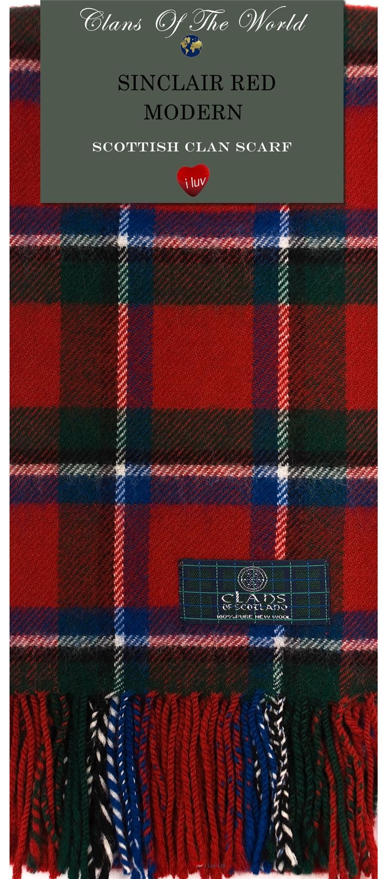 Sinclair Red Modern Tartan Clan Scarf 100% Soft Lambswool