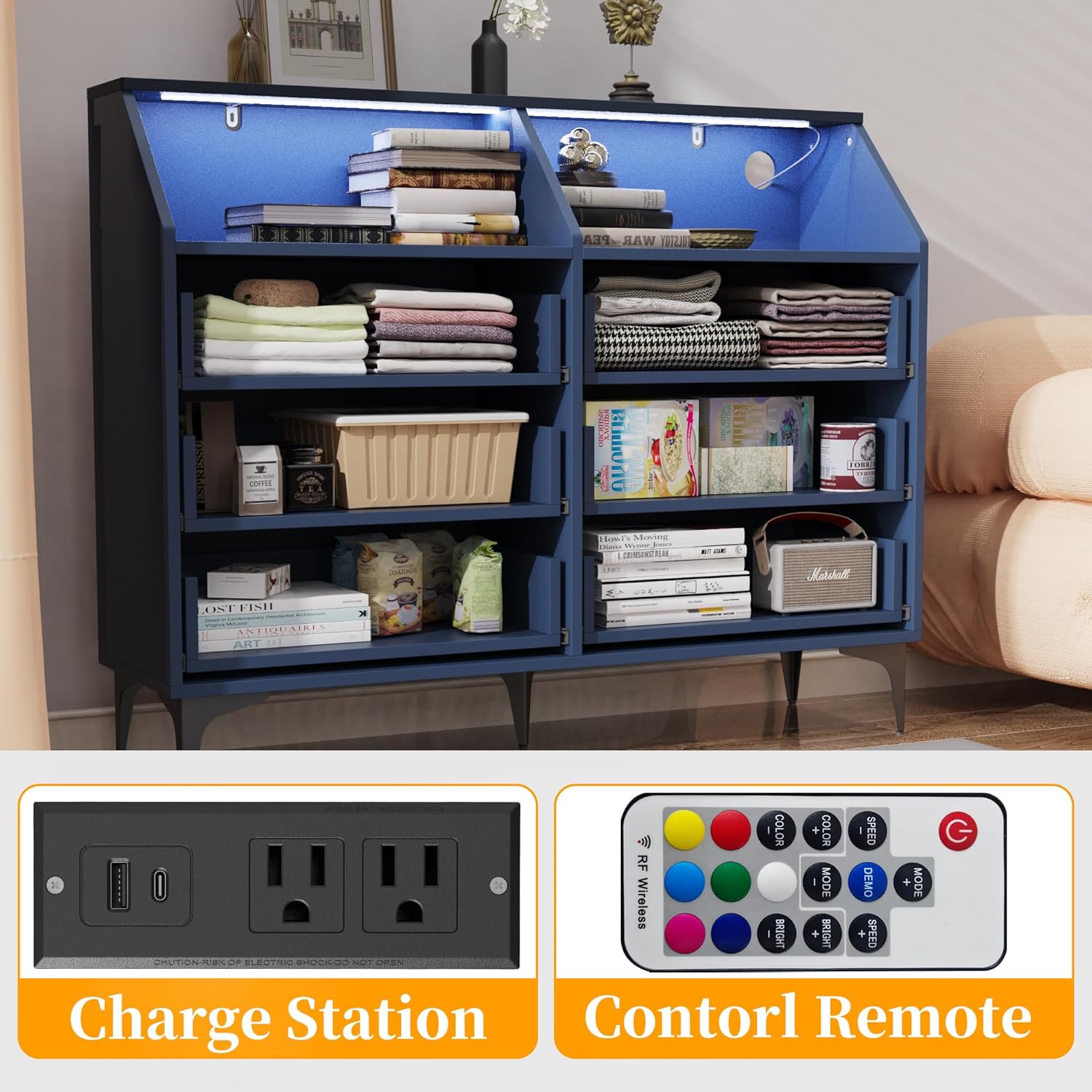 6 Drawer Dresser for Bedroom with Charging Station and LED Lights, Modern Double Dresser, Large Chest of Drawers with Open Space, LED Storage Cabinet for Living Room (Blue-Silver)