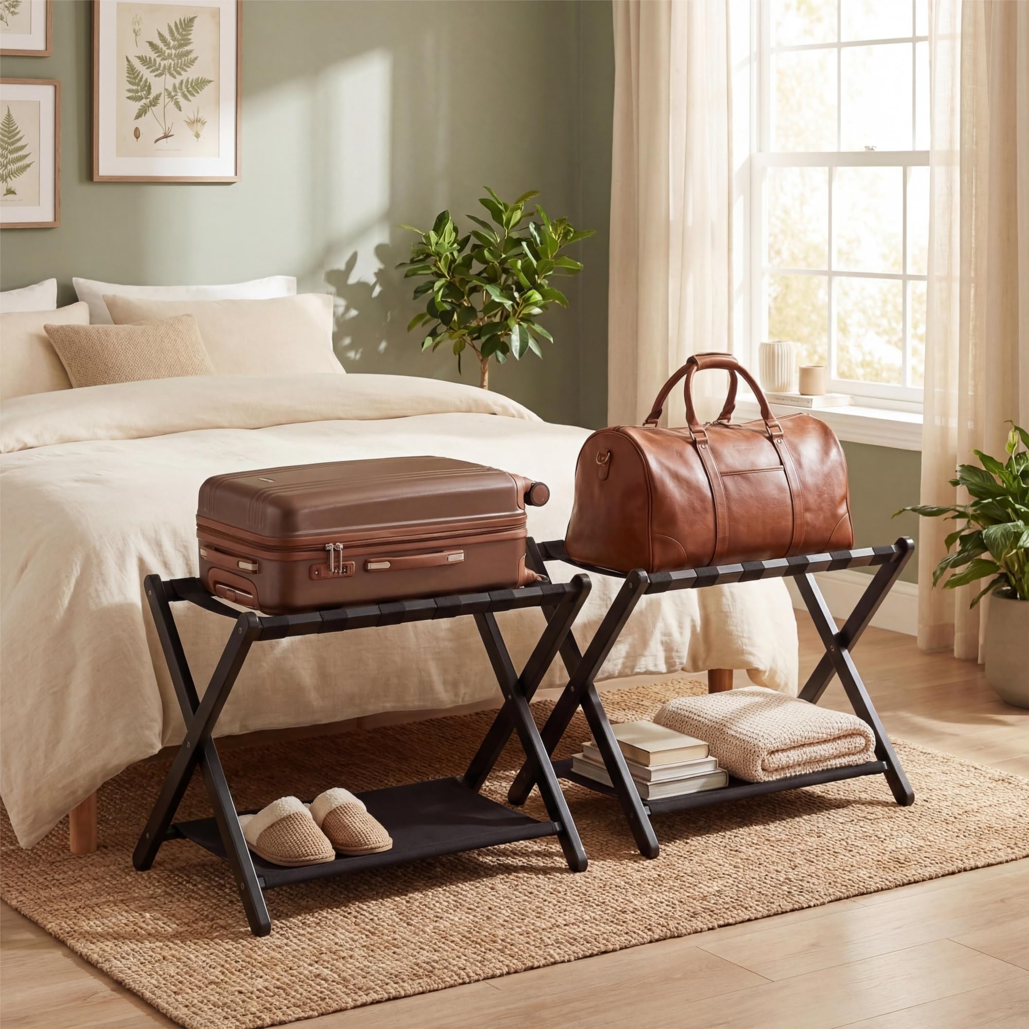 GYMAX Portavaligia Pieghevole, Portabagagli a 2 Ripiani da Camera con Struttura in Legno e 5 Cinghie di Nylon, Resistente all'Usura, Portapacchi per Hotel, Portata 60 kg, 67 x 46 x 52 cm (Nero)