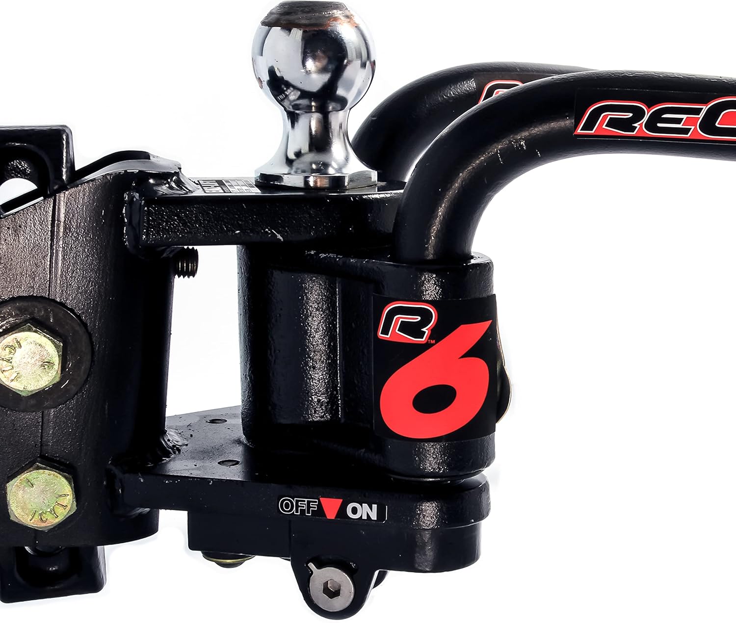 Close-up of the ReCurve R6 hitch head with the ON/OFF switch for adaptive sway control