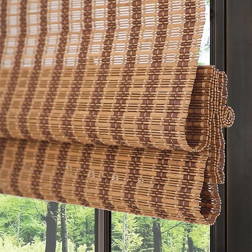 Miniatura 8 de Persianas romanas de bambú inalámbricas para ventanas, persianas de madera tejida natural color blanco concha marina con cenefa de 6 pulgadas de