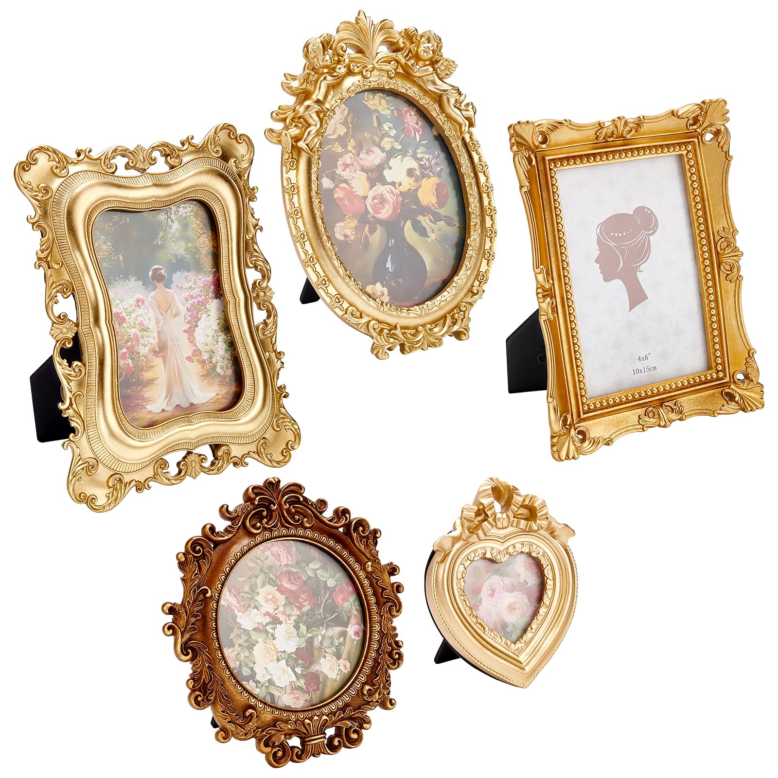 5 Stück Goldenes Vintage Bild Antikes Harz Fotorahmen Set Für 10.2x15.3/12.7x17.8 antikgoldenen Galerie Wandrahmen Kleiner Luxuriöser Wandbehang Dekoration Für Galeriewand Fotoausstellung