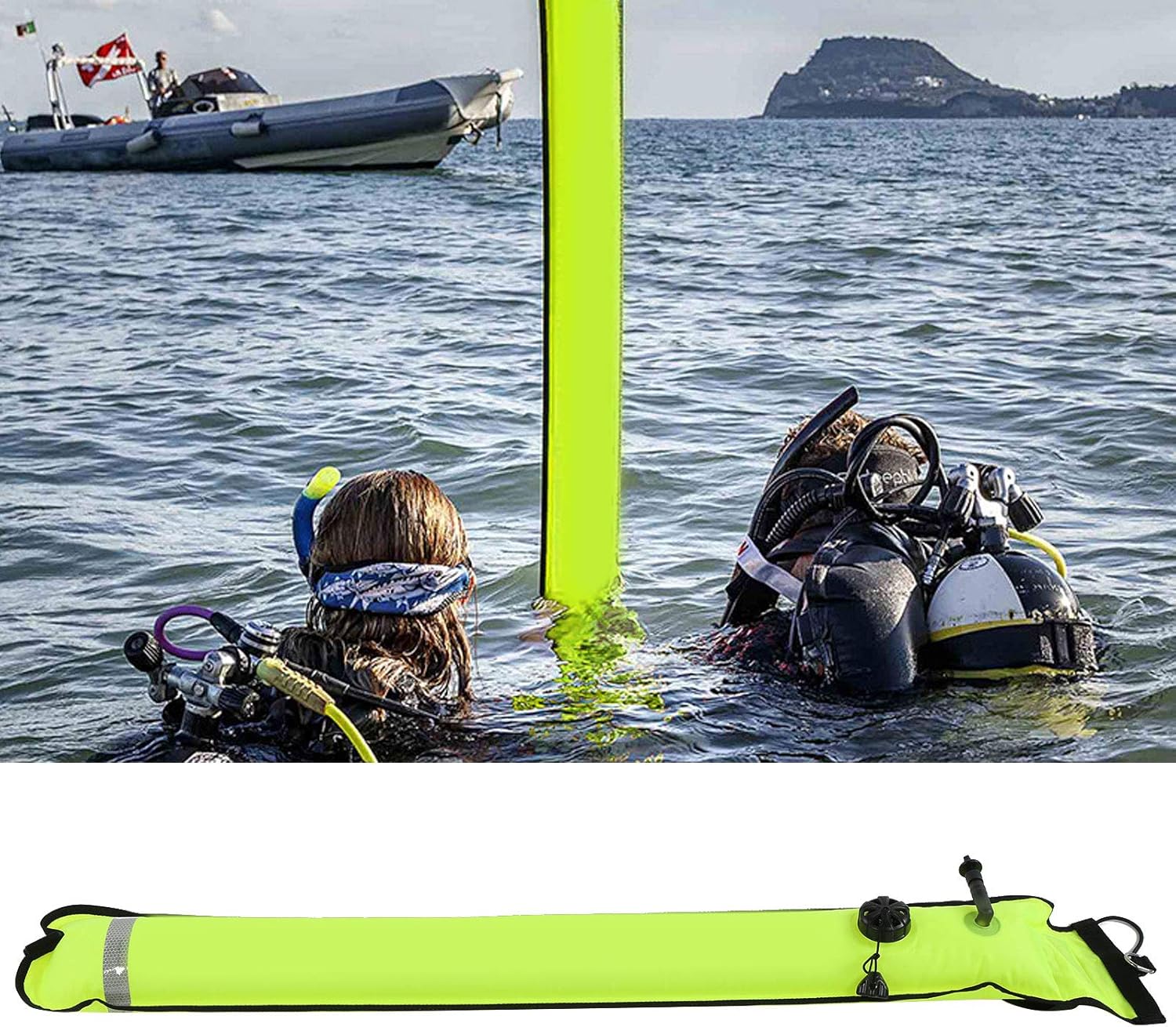 Diving Surface Marker Buoy Inflatable Safety Gear, Fluorescent Yellow, 47.2x7.1 Inches - Durable Floating Diving Equipment, Quick Inflate Valve, Scuba Diving Accessories Gear