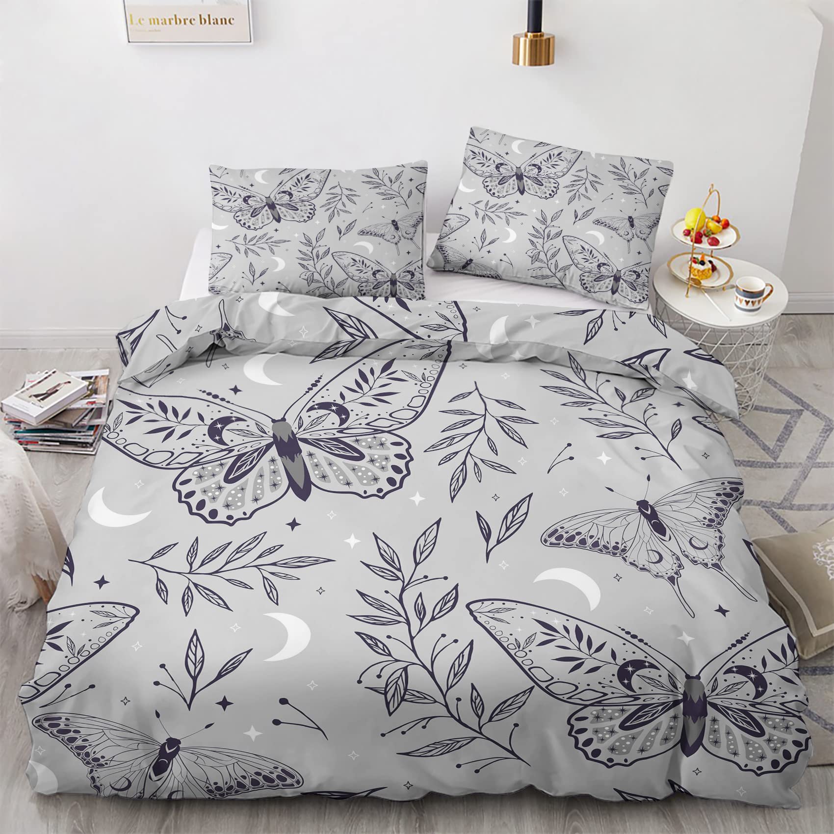 Nogawa Aoi13 Butterfly Emperor Size Duvet Cover Sets, Botanical Printed Bedding Set 3 Pcs, Ultra Soft Microfibre Quilt Cover & 2 Pillowcases With Zipper Closure 290 X 235