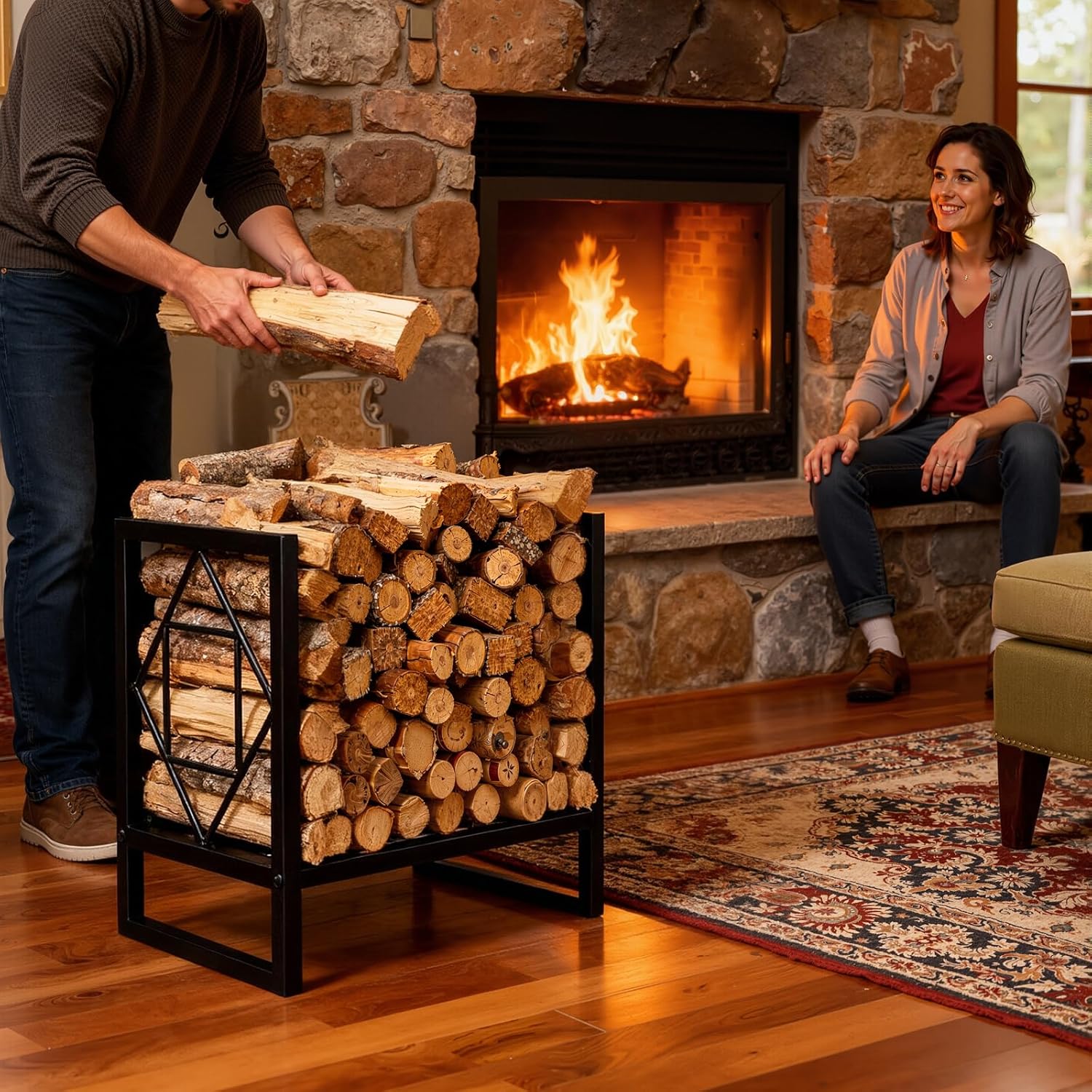 Firewood Holder, 1Pcs Black Surface Coated Firewood, Space-Saving Compact Size, Decorative & Ventilated Design, Versatile Indoor & Outdoor Use, Stable & Easy to Assemble