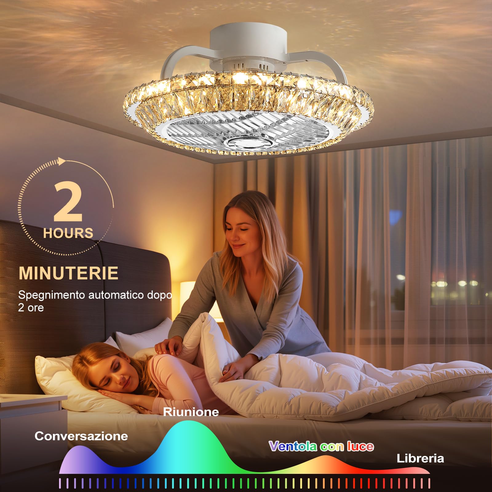 Crystal Ventilatori Da Soffitto Con Lampada 72W LED Fan Plafoniera Invisibile 3 Velocità Con Telecomando Dimmerabile Decorazione D'interni Illuminazione Camera Da Letto Ristorante Fan Lampadario(A)