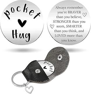 Always Remember You are Braver Than You Believe - Pocket Hug Token with Leather Keychain, Stainless Steel Double Sided Coin Long Distance Relationship Keepsake Gift