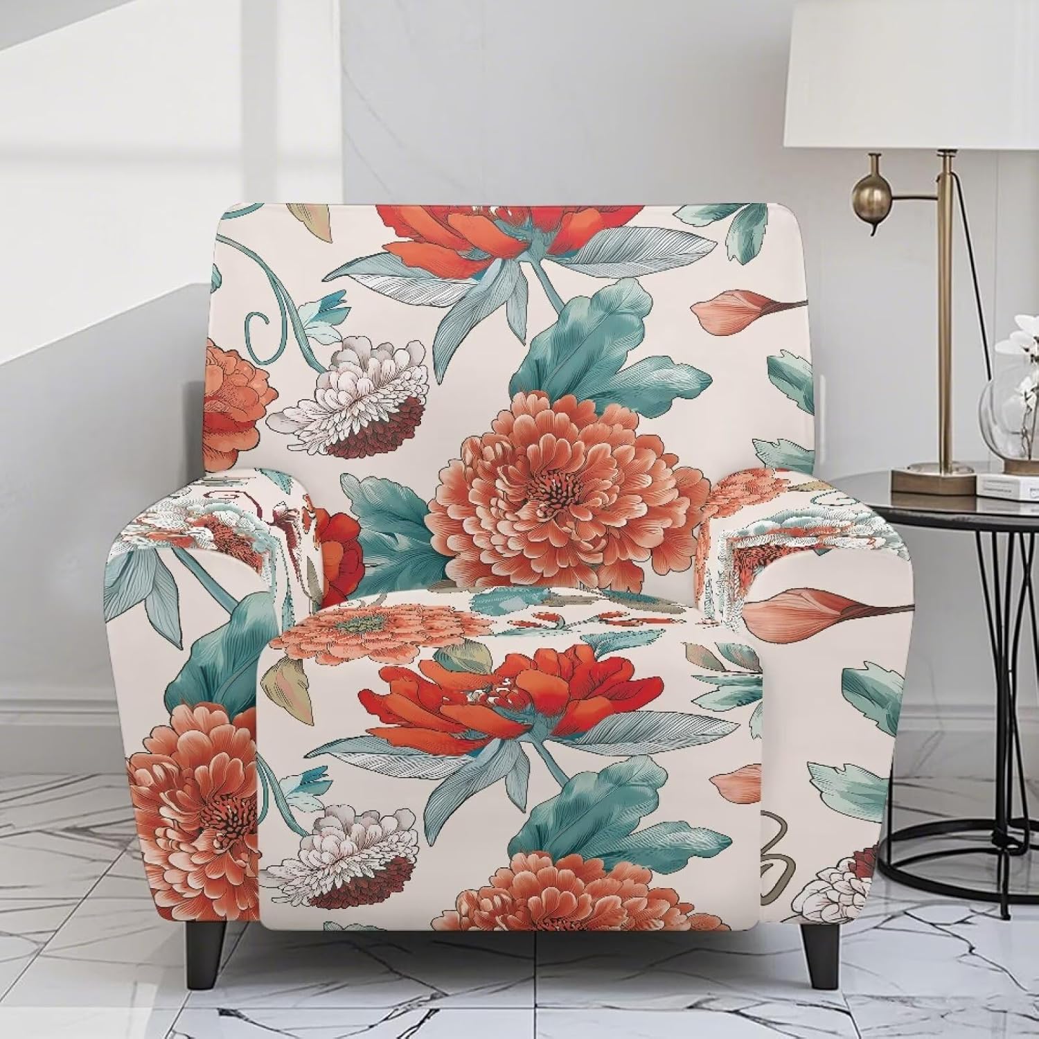 Chair Covers Armchair 4 Piece Peony Sofa Cover for Dogs Non Slip Chaise Covers for Living Room Polyester Spandex Machine Washable