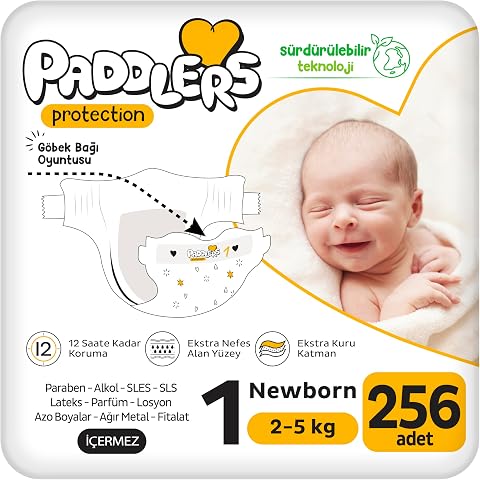 Paddlers Protection Yenidoğan Bebek Bezi 1 Numara (2-5 Kg) 256 Adet – Ekstra Jumbo Set, Maksimum Koruma