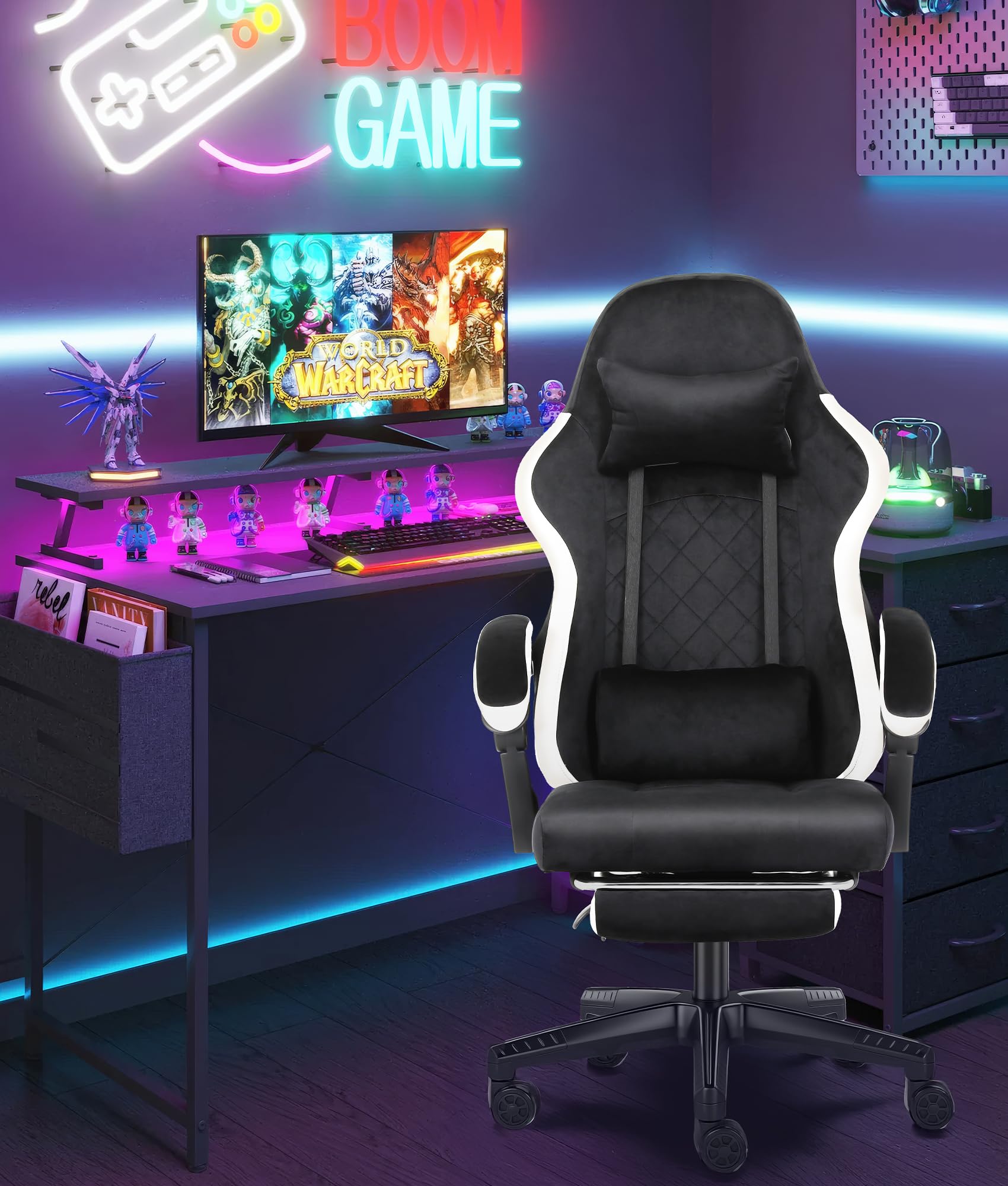 Sedia Gaming Ergonomica con Poggiapiedi, Schienale Reclinabile fino a 140°, Sedia Girevole da Ufficio con Supporto Lombare e Poggiatesta, Altezza Regolabile, Tessuto Flanella Grigio (Nero)