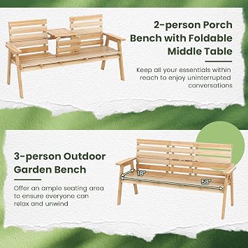 Tangkula Outdoor Fir Wood Bench with Foldable Middle Table, 2-3 Person Garden Bench with Backrest and Armrests, 710 lbs Weight Capacity, Slatted Seat Bench for Porch, Patio, Backyard