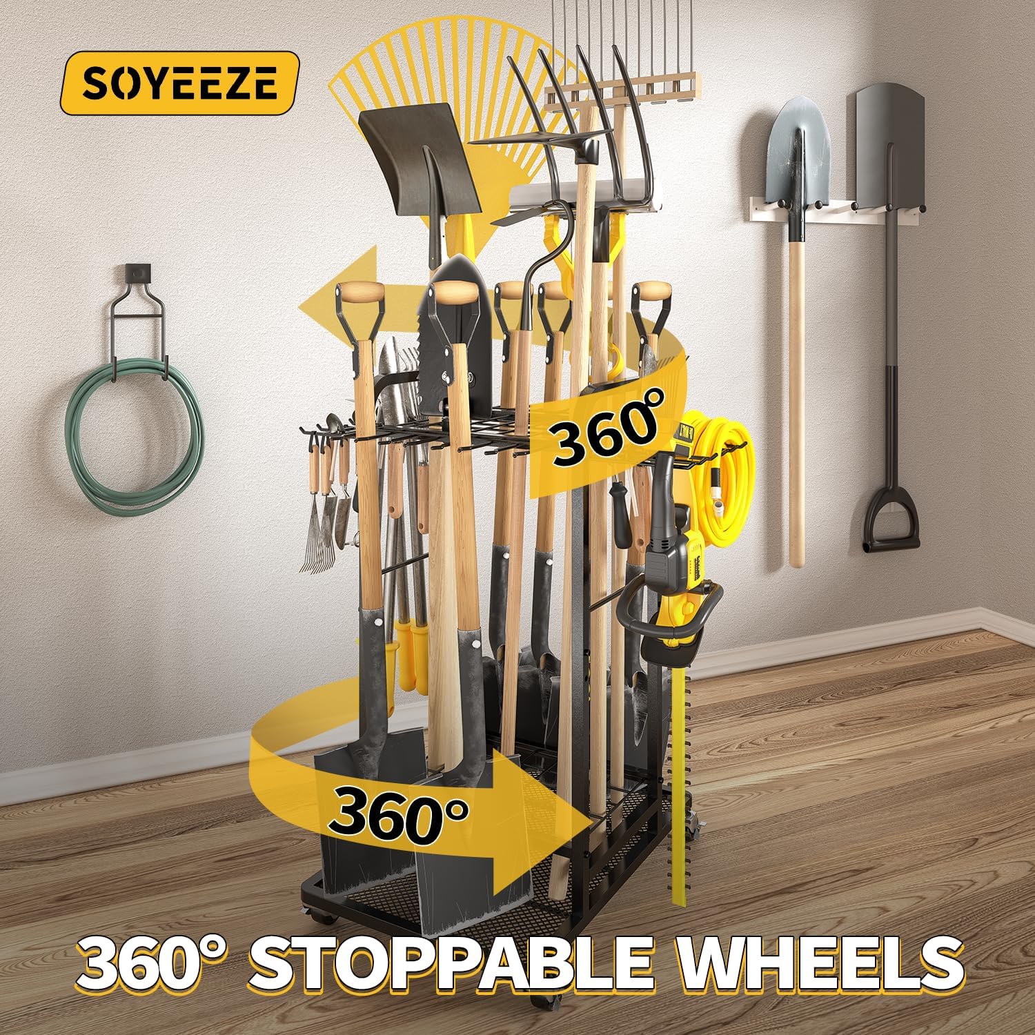 SOYEEZE Garden Tool Organizer with Lockable Wheels, Heavy Duty 3-Tier Yard Tower Tool Rack for Garage, Holds Up to 35 Long-Handled Tools, Garden Tool Cart with 12 Hooks for Tool Organization Storage