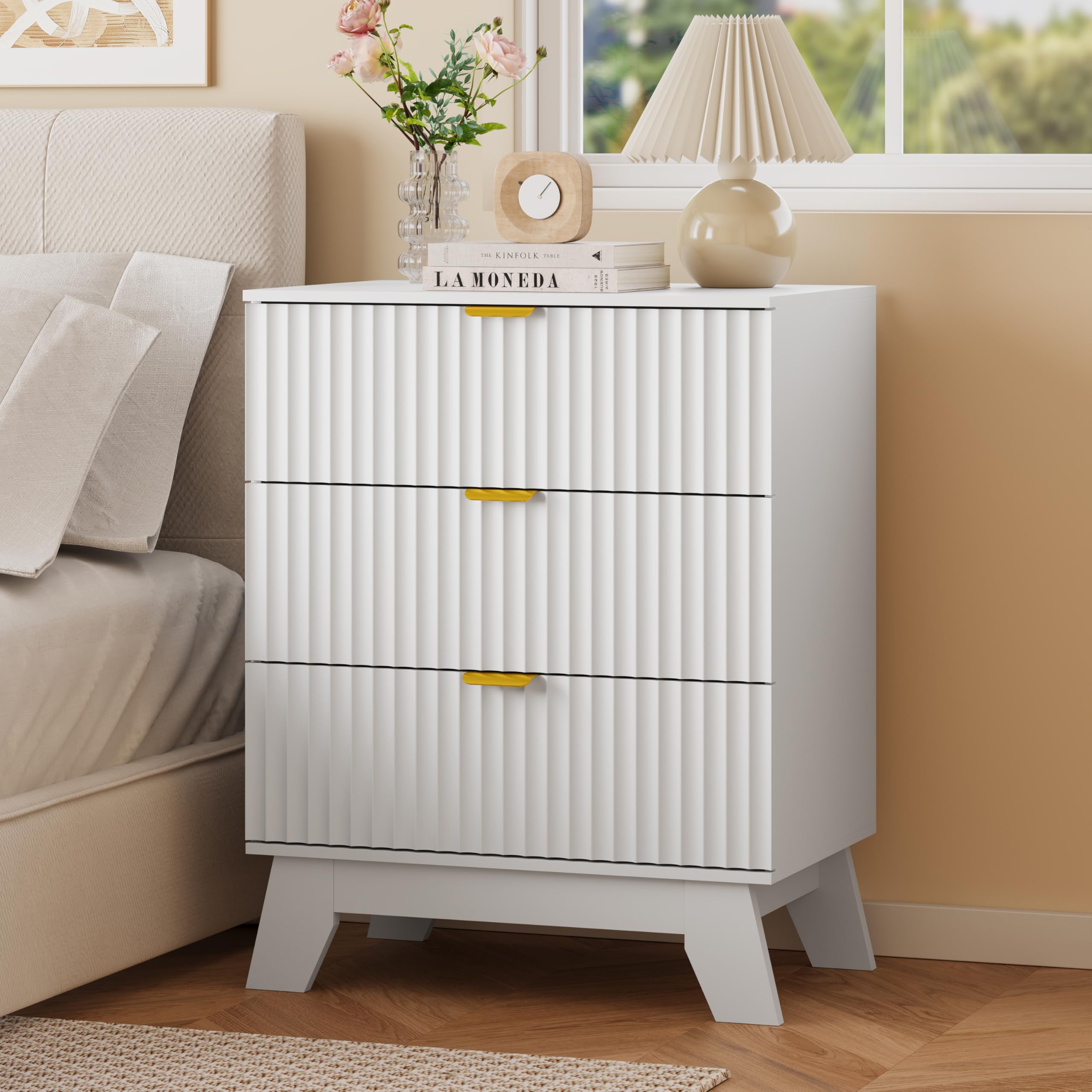 Nightstand with 3 Drawers, Fluted Bedside Table, 24" Wide, White