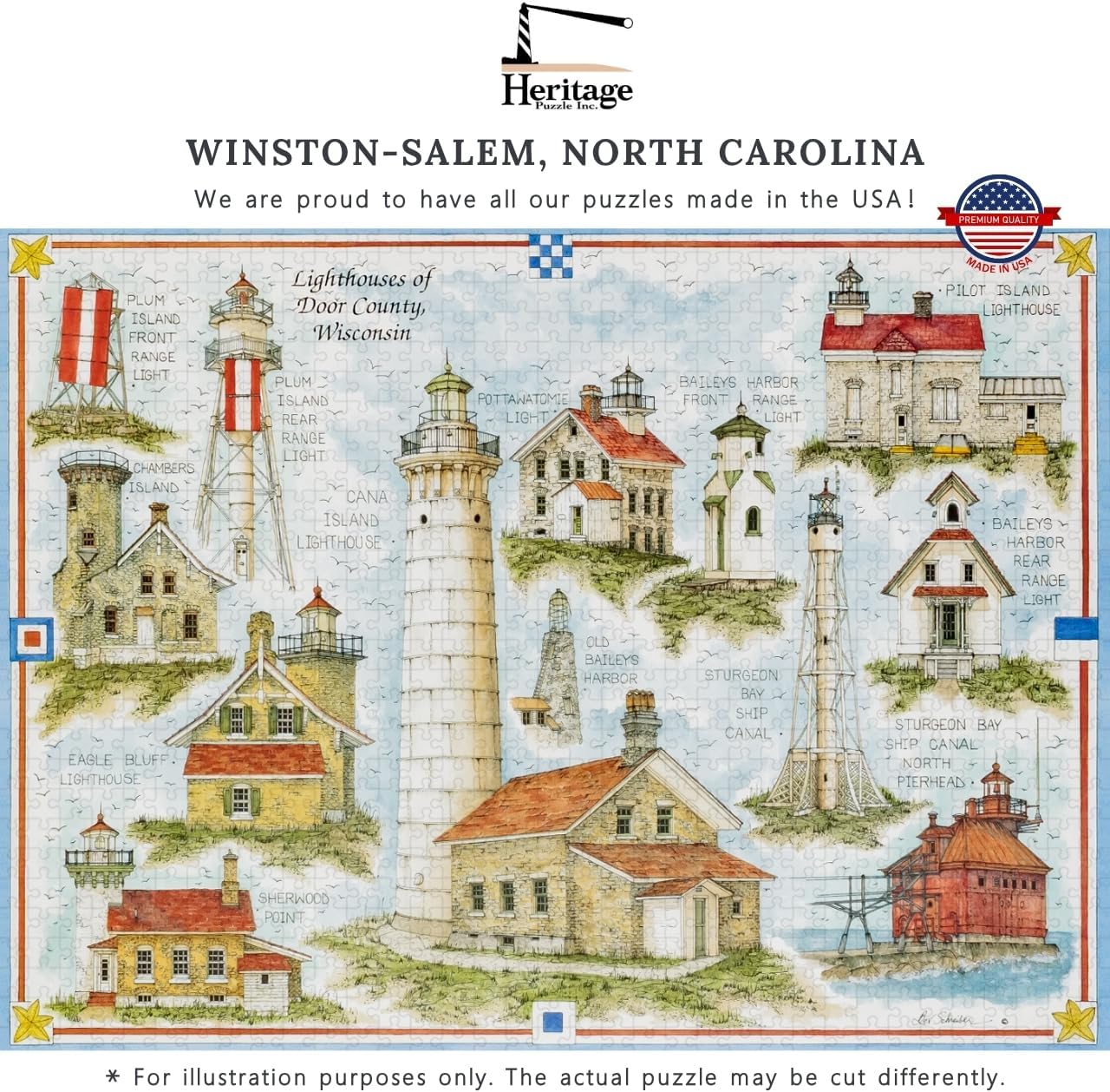 Heritage Puzzle - Lighthouses of Door County, Wisconsin by BEV Schreiber 550 Piece Puzzles for Adults - Scenic Coastal Art Jigsaw Puzzles - Frameable Jigsaw Puzzle 18"" x 24"" Finished Size