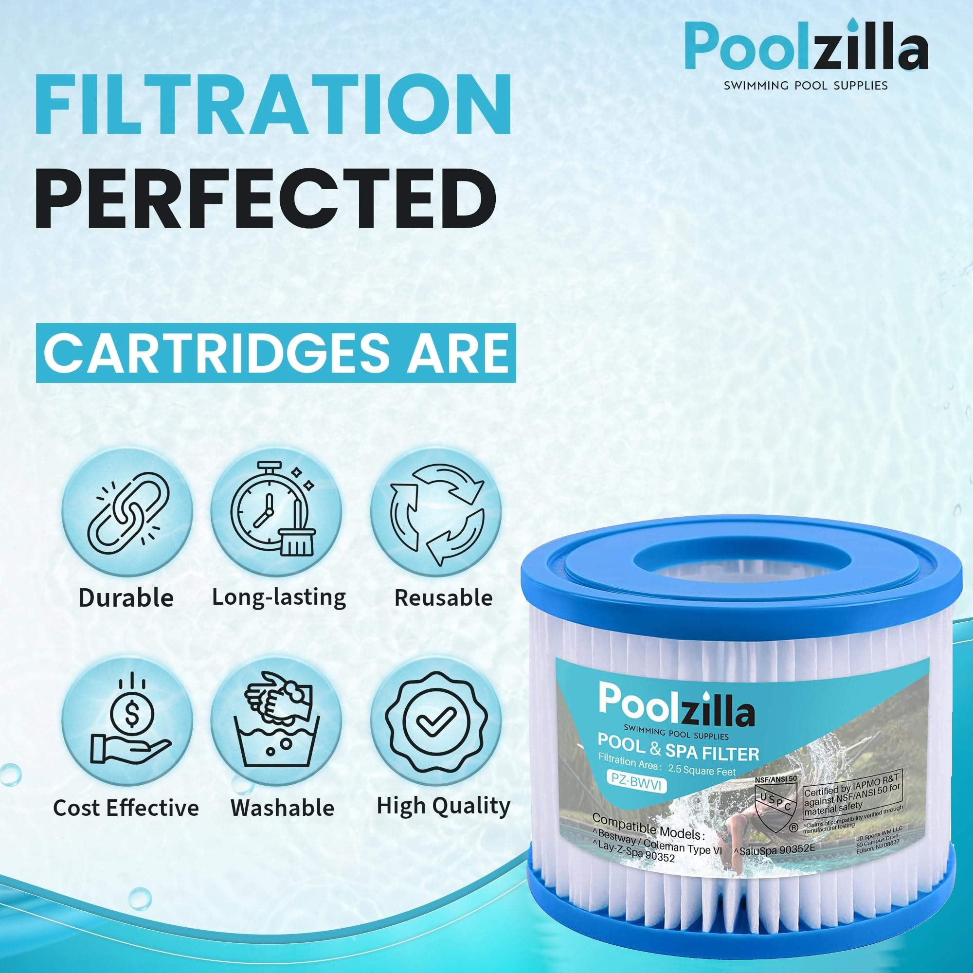 Poolzilla 12er-Pack Spa-Filterkartuschen Ersatz für Bestway Typ VI, 29001E, Coleman SaluSpa 90352E, 58323E, 58323, 58324, Sunset Filters VI, Volca Spares Größe VI, Lay-Z Spa (L x OD: 7,9 x 10,7 cm)