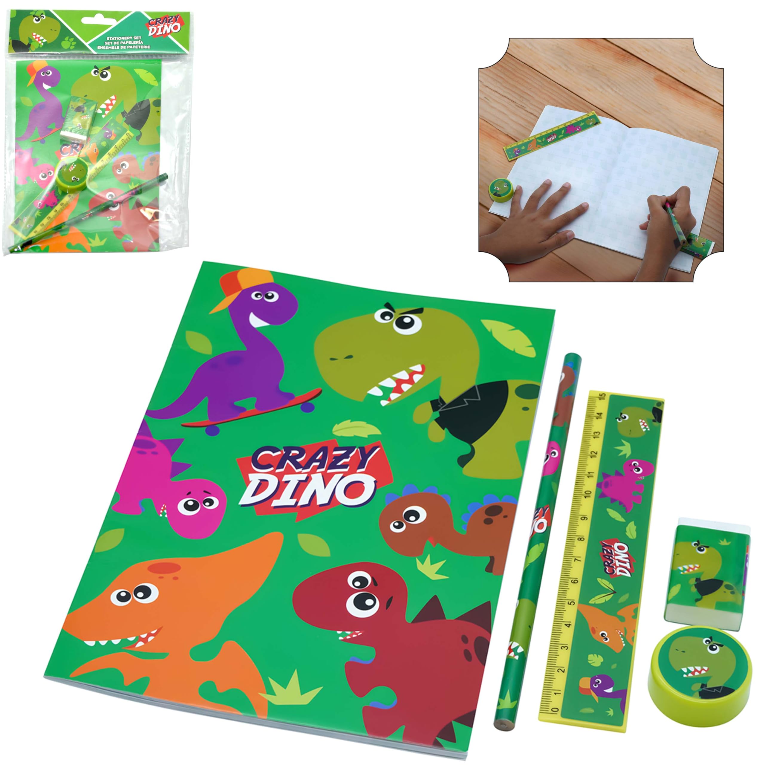 Juego completo de papelería Crazy Dino de 5 piezas, goma, sacapuntas, escala, cuaderno, lápiz, lápices de escritura profesional, ideal para dibujar, bocetos, sombreado para artistas y principiantes