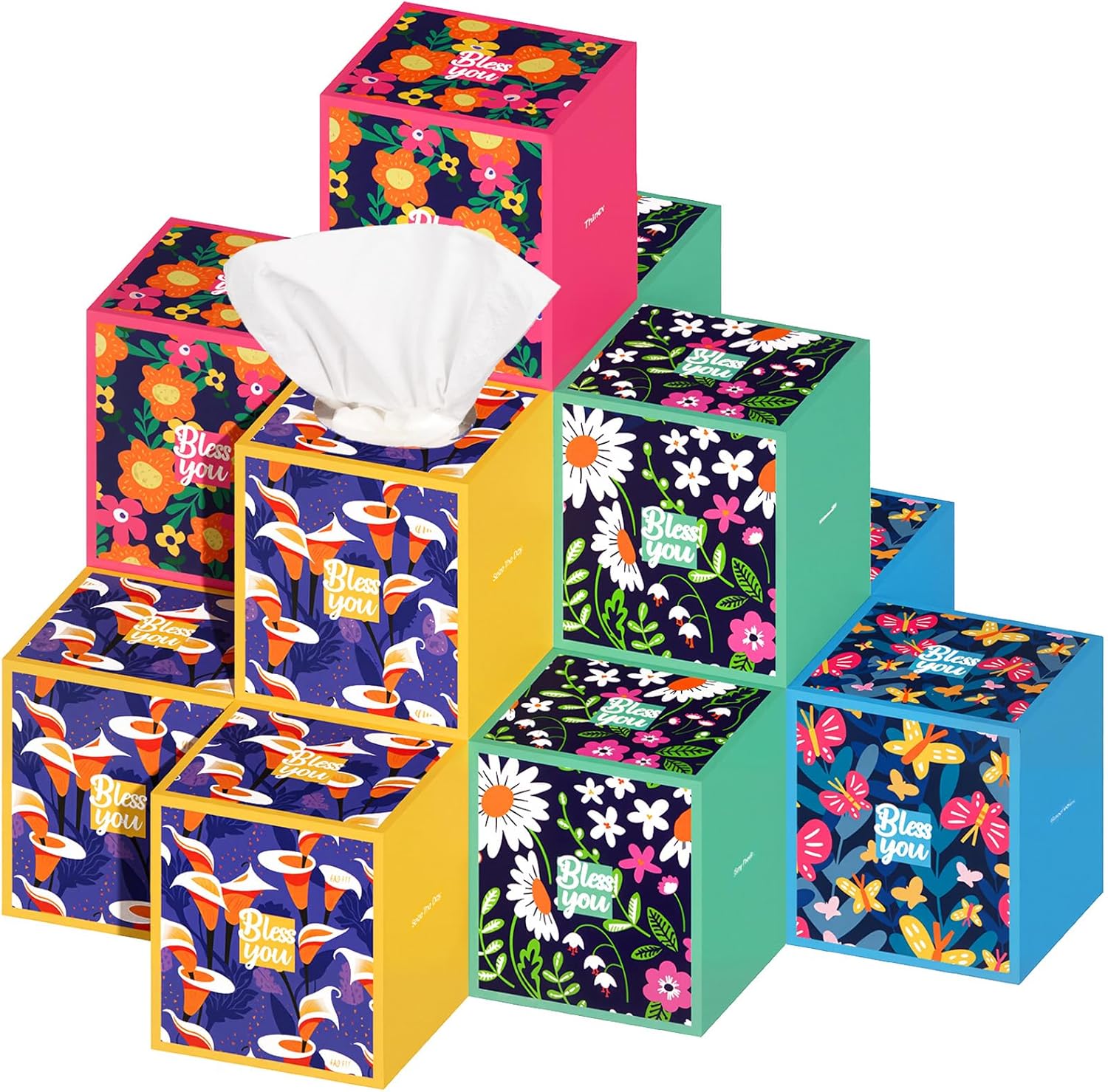 Outus 12 Pack Facial Cube Tissues Boxes 720 Sheets 3 Ply Mother's Day Paper Tissues Small Square Floral Wildflowers Face Tissue Bulk for Church Wedding Gift Car Travel Bedroom Party Woman Family