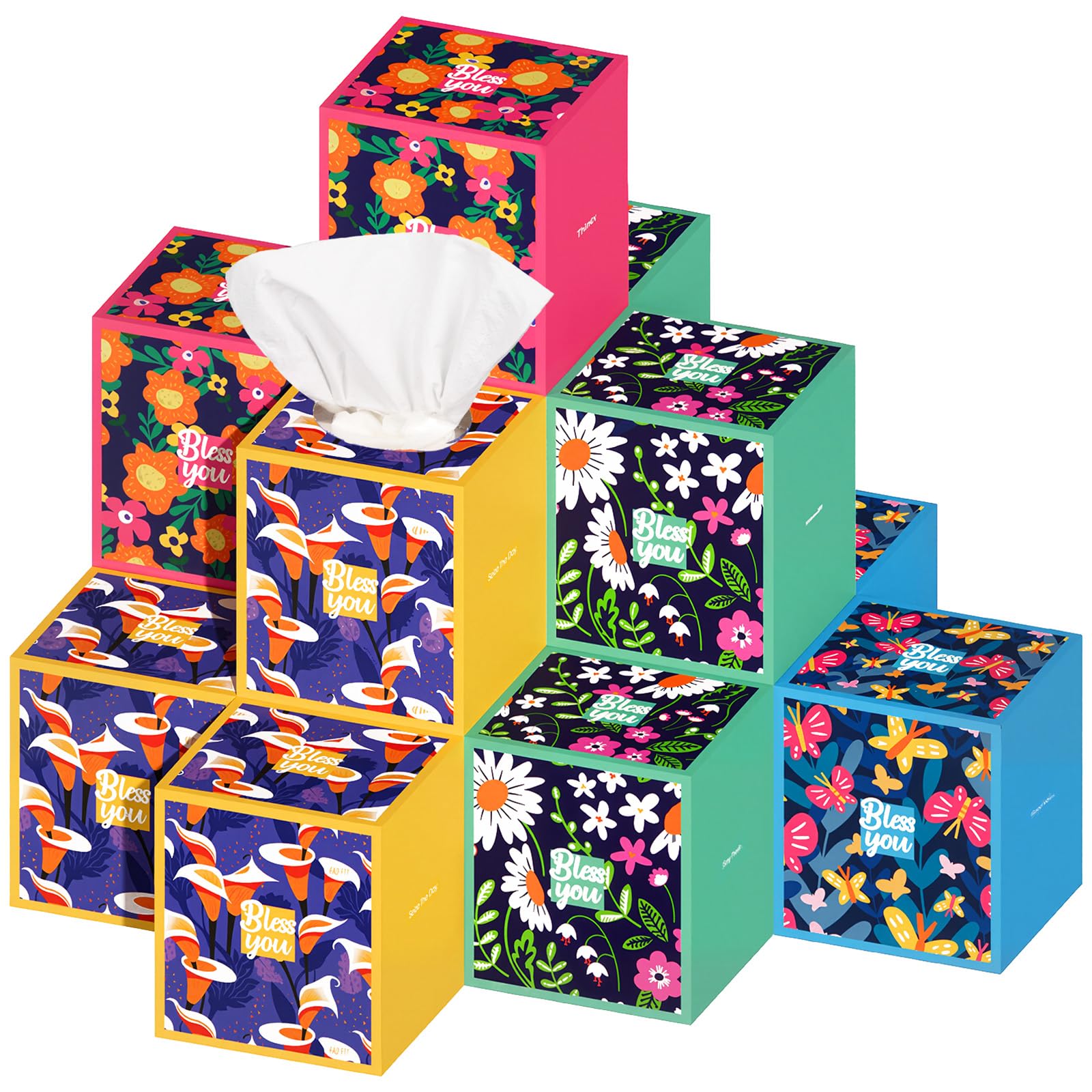 Outus 12 Pack Facial Cube Tissues Boxes 720 Sheets 3 Ply Paper Tissues Small Square Floral Wildflowers Face