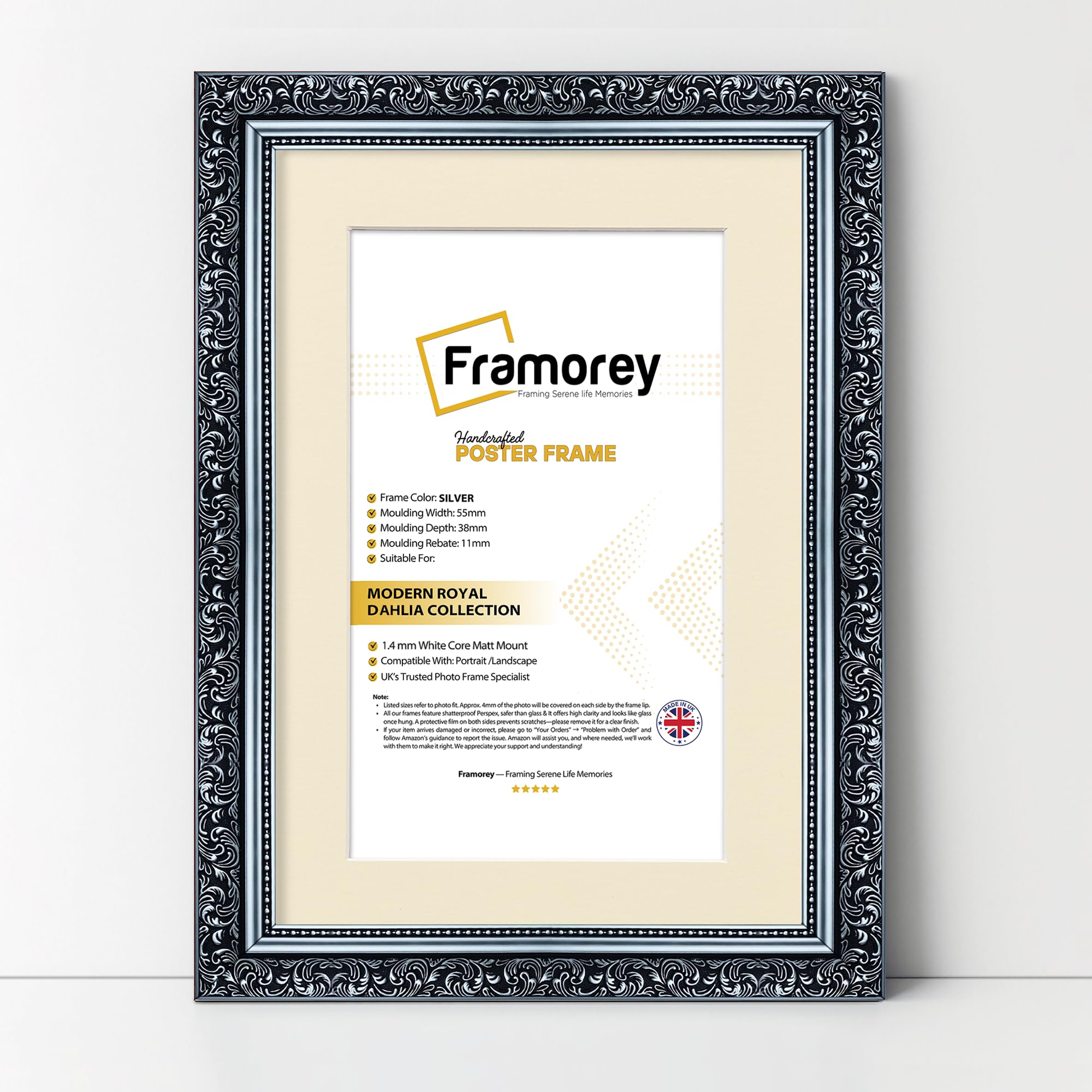 FRAMOREY Dahlia Ornate Effect Picture Frames, A4 Size Silver Photo Frame With A5 Size Ivory Mount, Traditional Wall Art Poster Frames, Photo Print Frame — image 1