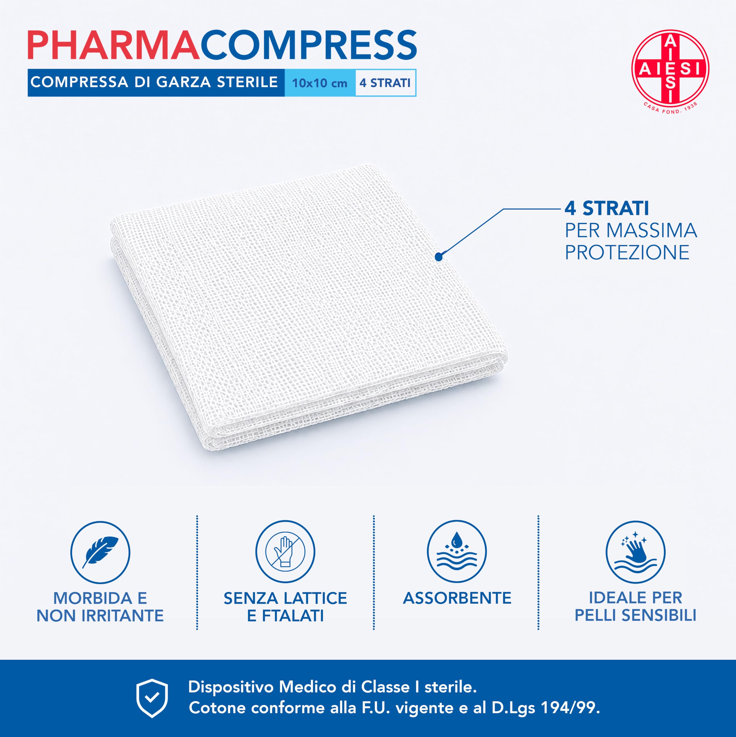 AIESI® Sterylne kompresy gazowe 10x10 cm (100 sztuk) pakowane pojedynczo PHARMACOMPRESS, składane kompresy bawełniane