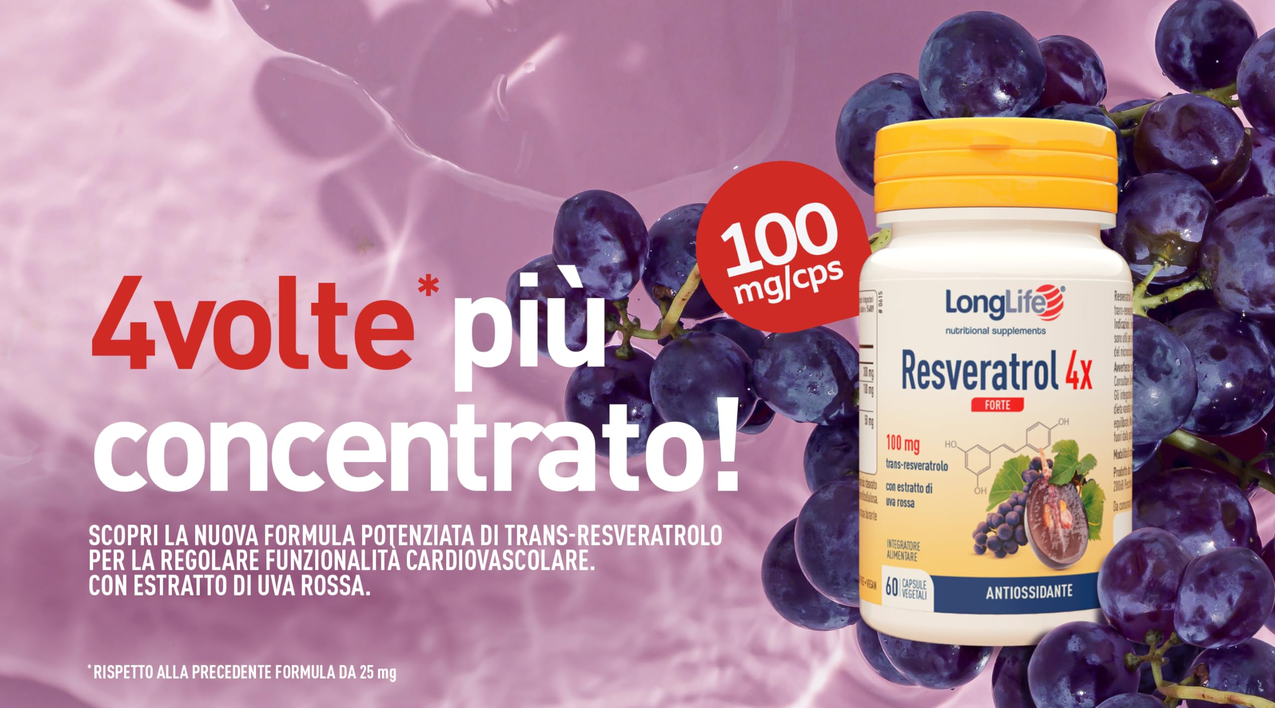 LongLife® Resveratrol 4x Forte | con Veri-te® | Trans-resveratrolo con estratto di uva rossa | Microcircolo e benessere cardiovascolare | Azione antiossidante | 60 capsule | Vegano e senza glutine