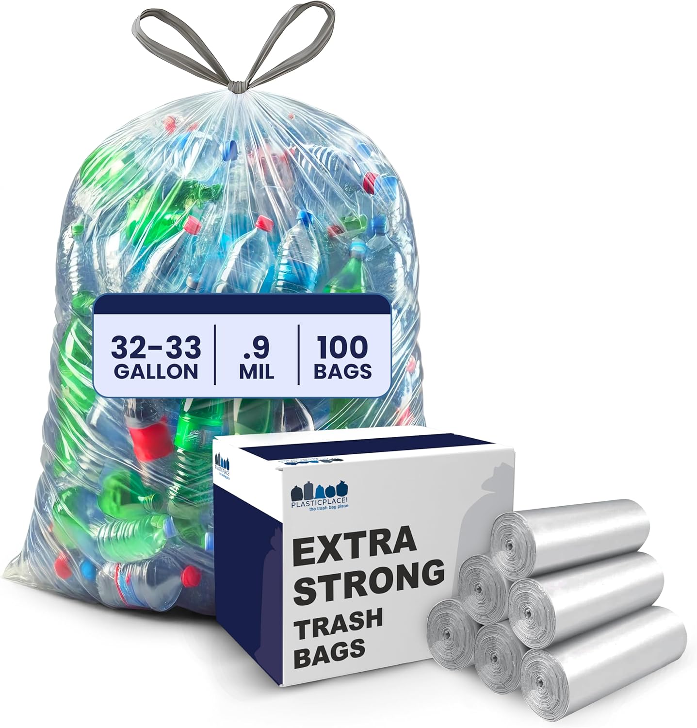 Plasticplace 32-33 Gallon Recycling Bags │ 0.9 Mil │ Clear Drawstring Garbage Can Liners │ 33" x 38" (100 Count)