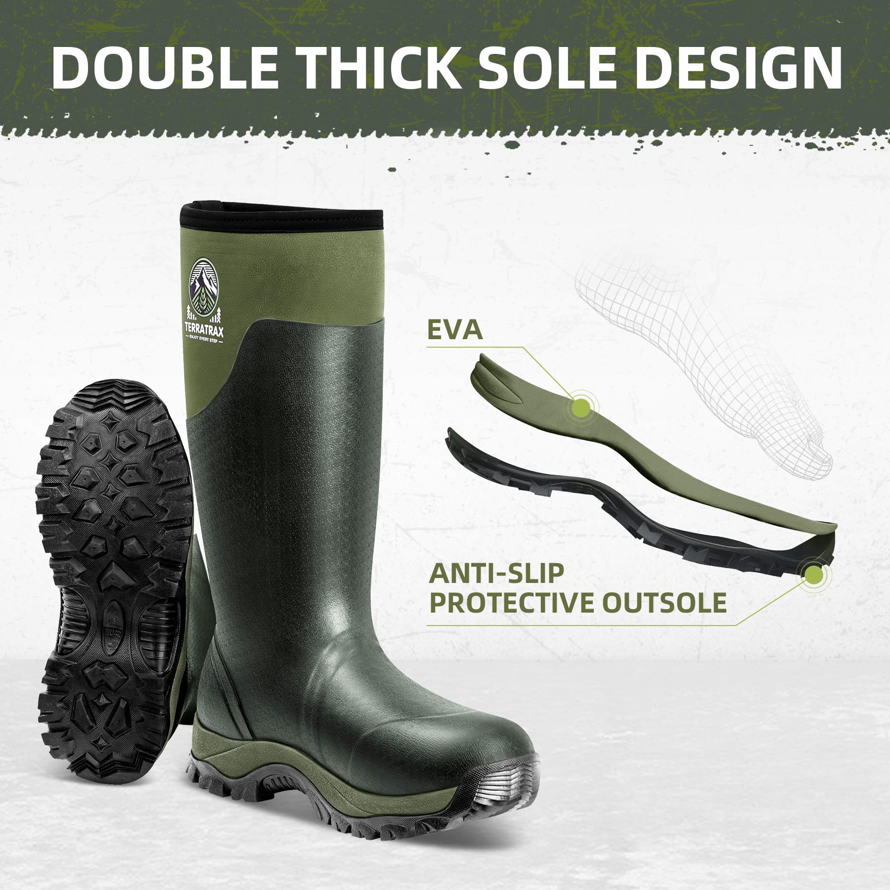 TerraTrax Men's Waterproof Insulated Rubber Hunting Boots – 6mm Neoprene Rain Boots for Outdoor Work, Fishing, Farming & Gardening Green Size 13