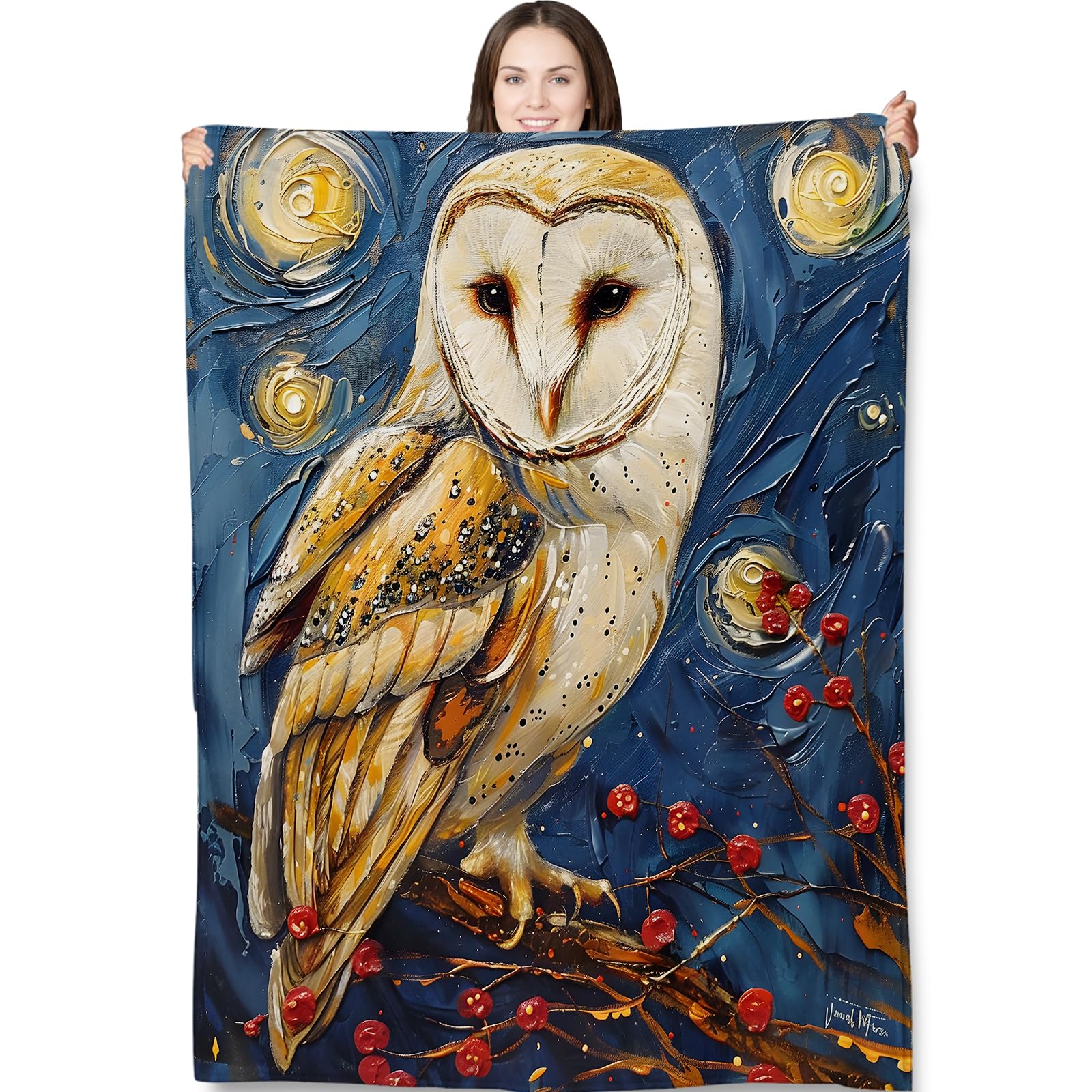 fifbird Flannel Fleece Blanket Barn Owl Night Scene for Adults Kids Owl Theme for Bedroom Couch Travel Home Decor Fuzzy Soft Cozy Warm Gifts Throw Blankets