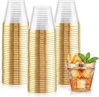 Hioasis 200Pcs 9OZ Clear Cups - Plastic Disposable Cups with Gold Trim, Heavy Duty & BPA-free for Party, Wedding, Reception