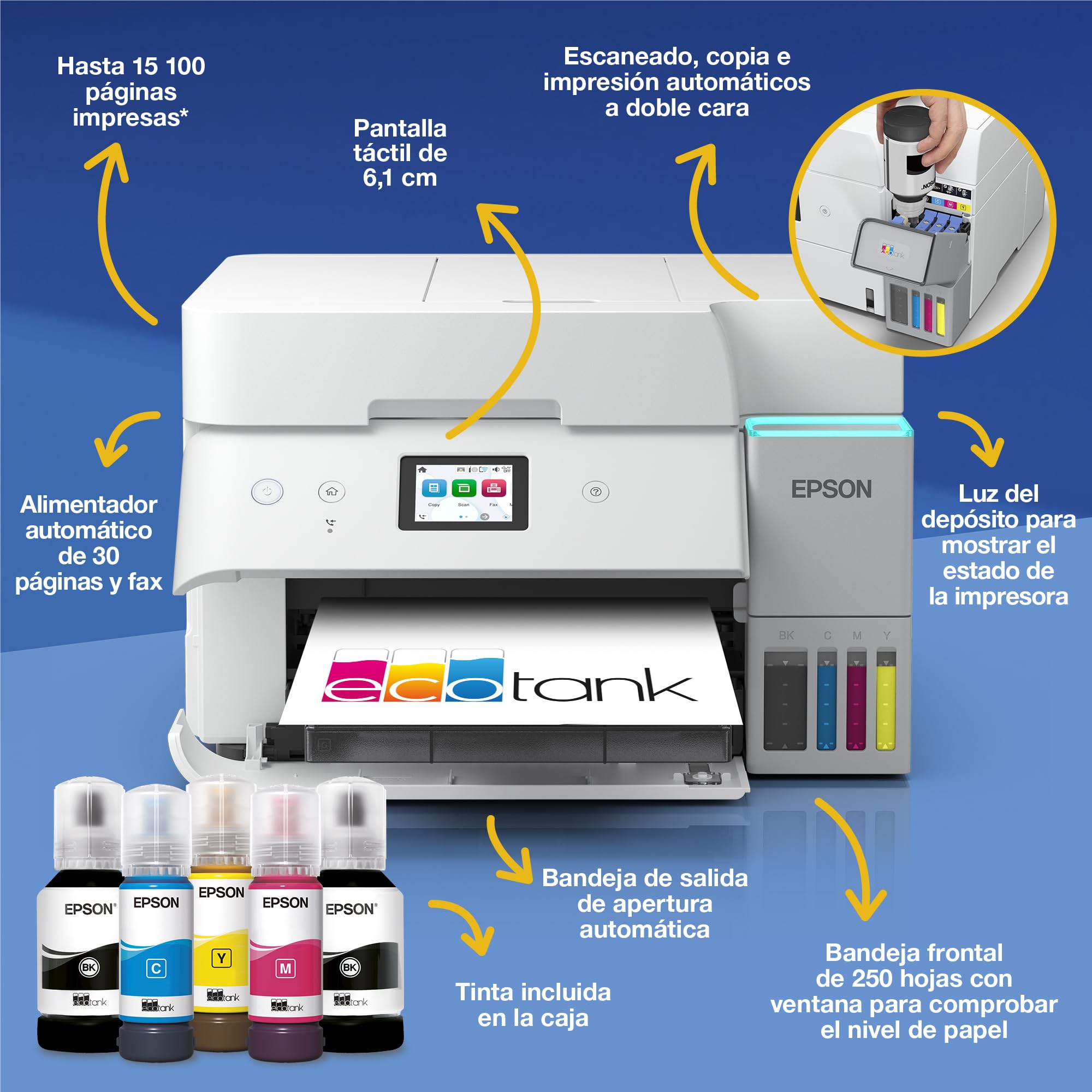 Epson EcoTank ET-4956 Impresora de Depósito de Tinta | Teletrabajo | Wi-Fi, Ethernet | A4 | Doble Cara | Imprimir, Copiar, Escanear, Fax | Pantalla Táctil 6,1cm | ADF | Tinta Incluida para 3 Años
