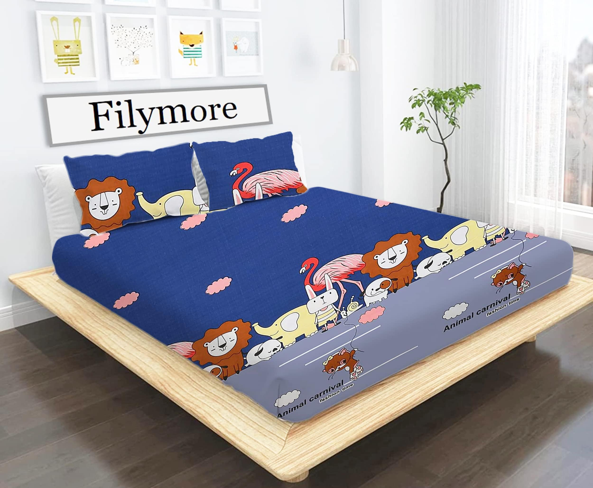Filymore Animal Carnival Kids Double Bedsheet with 2 Pillow Covers Cute Cartoon Printed Bed Cover Made with Pure Microfiber (Bedsheet Size 90x90 Inch)(Colour-Blue and Grey)