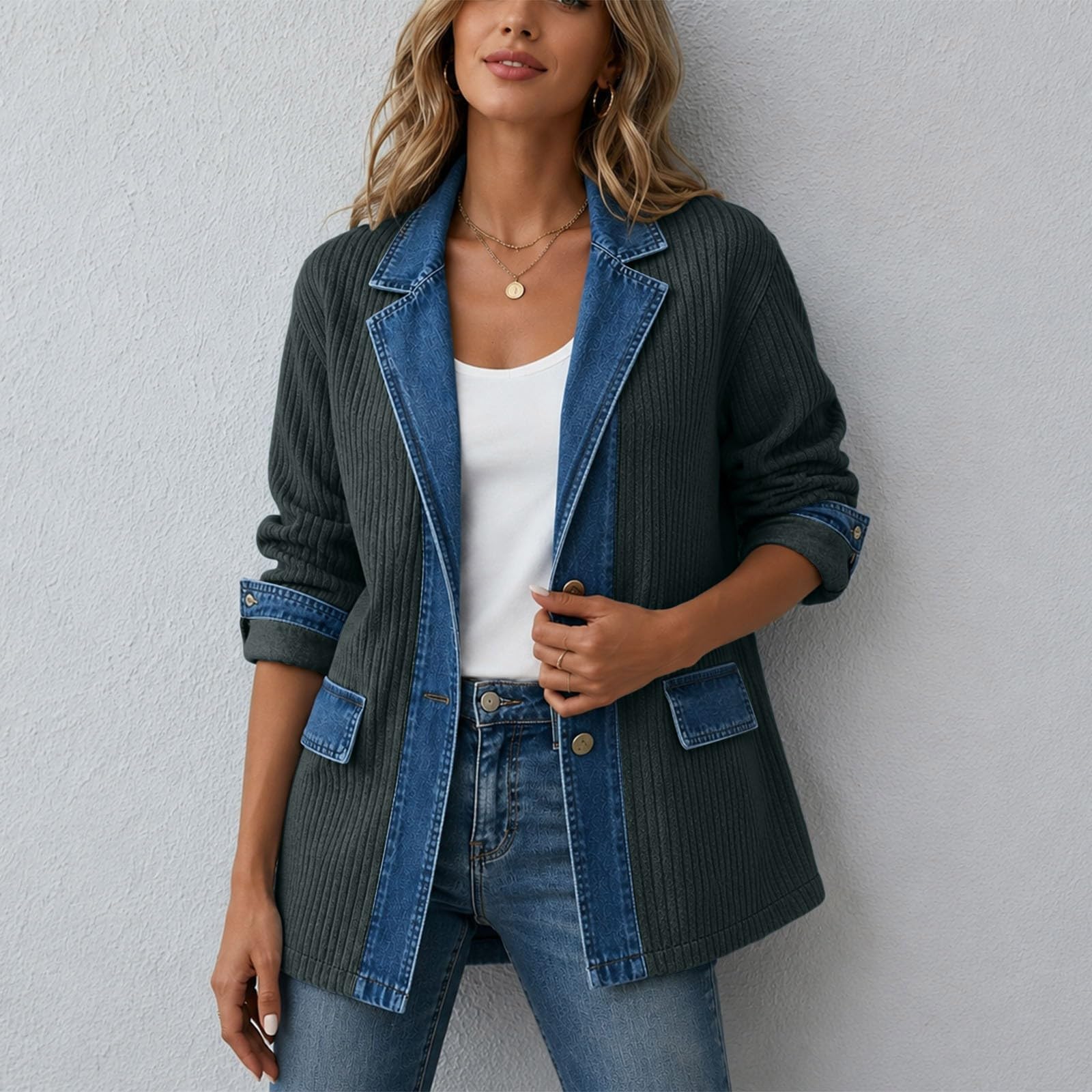 Damenmode Jacke Reverskragen Knöpfe Taschen Langarm Gestrickt Jeansstoff