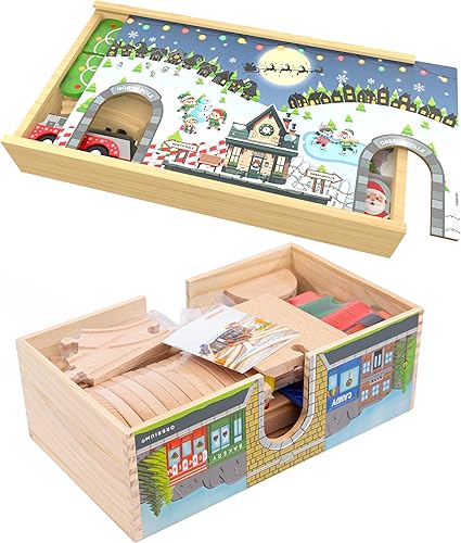 Juego de trenes de madera de 82 piezas  Deluxe Railway & Pop-Up Christmas Express, cajas de madera apilables para almacenamiento o exhibición, combo