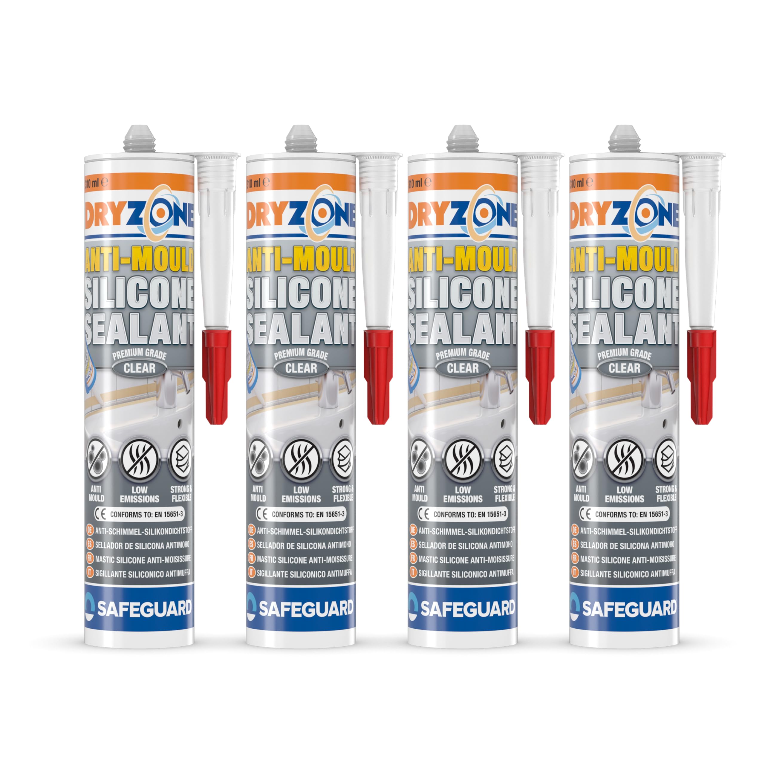 Dryzone Anti-Mould Silicone Sealant - 310ml, 4 Pack, Clear - Premium Sanitary-Grade Low-Odour, Low VOC Sealant for Bathroom and Kitchen
