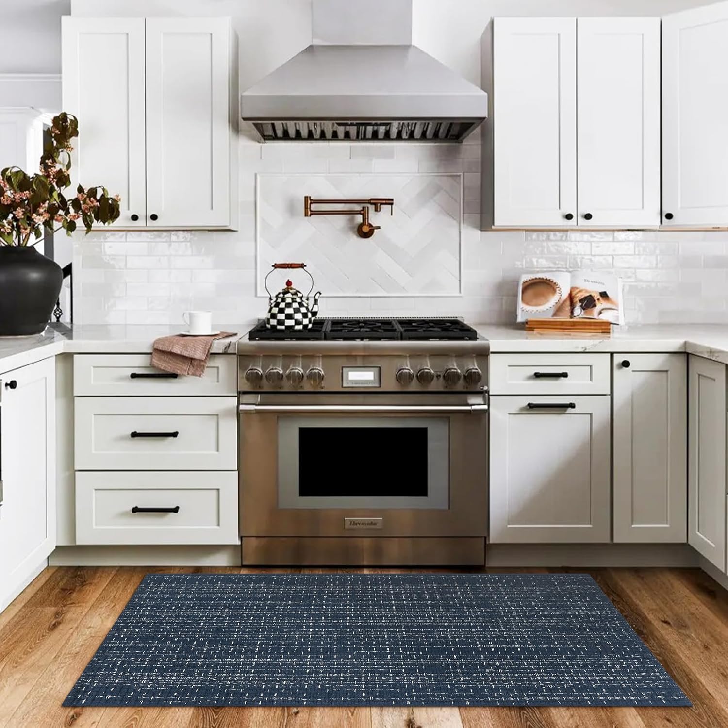 Seavish Boho Bathroom Rug, Cotton Woven Laundry Bath Rugs, 2'x4.2' Dark Blue Small Reversible Throw Rugs, Washable Runner Rugs for Kitchen Hallway Living Room Bedroom Patio