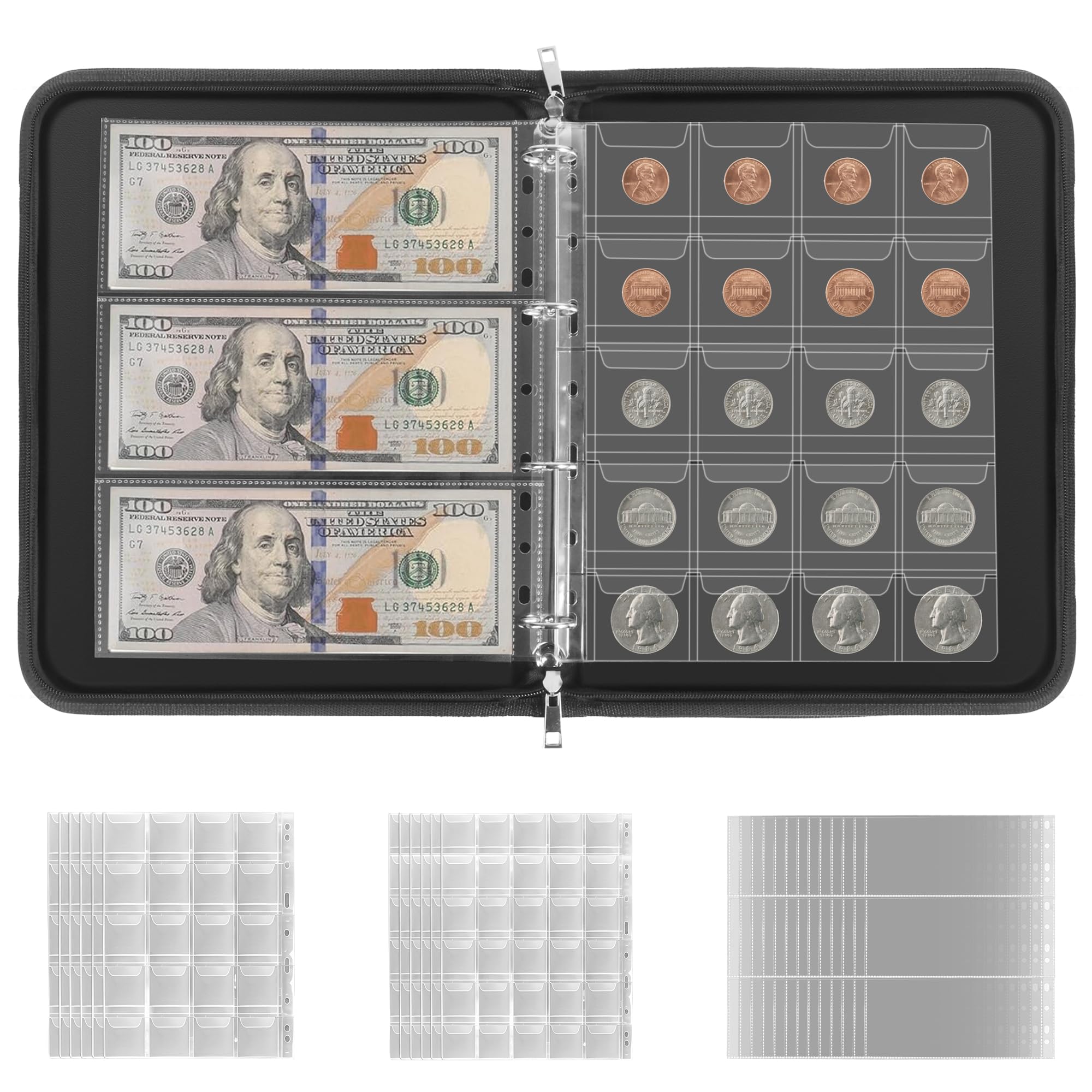 Soporte para libros de colección de monedas para coleccionistas, álbum de monedas ignífugas de 300 bolsillos y 36 fundas de carpeta de monedas de papel, organizador de monedas para billetes, centavos,