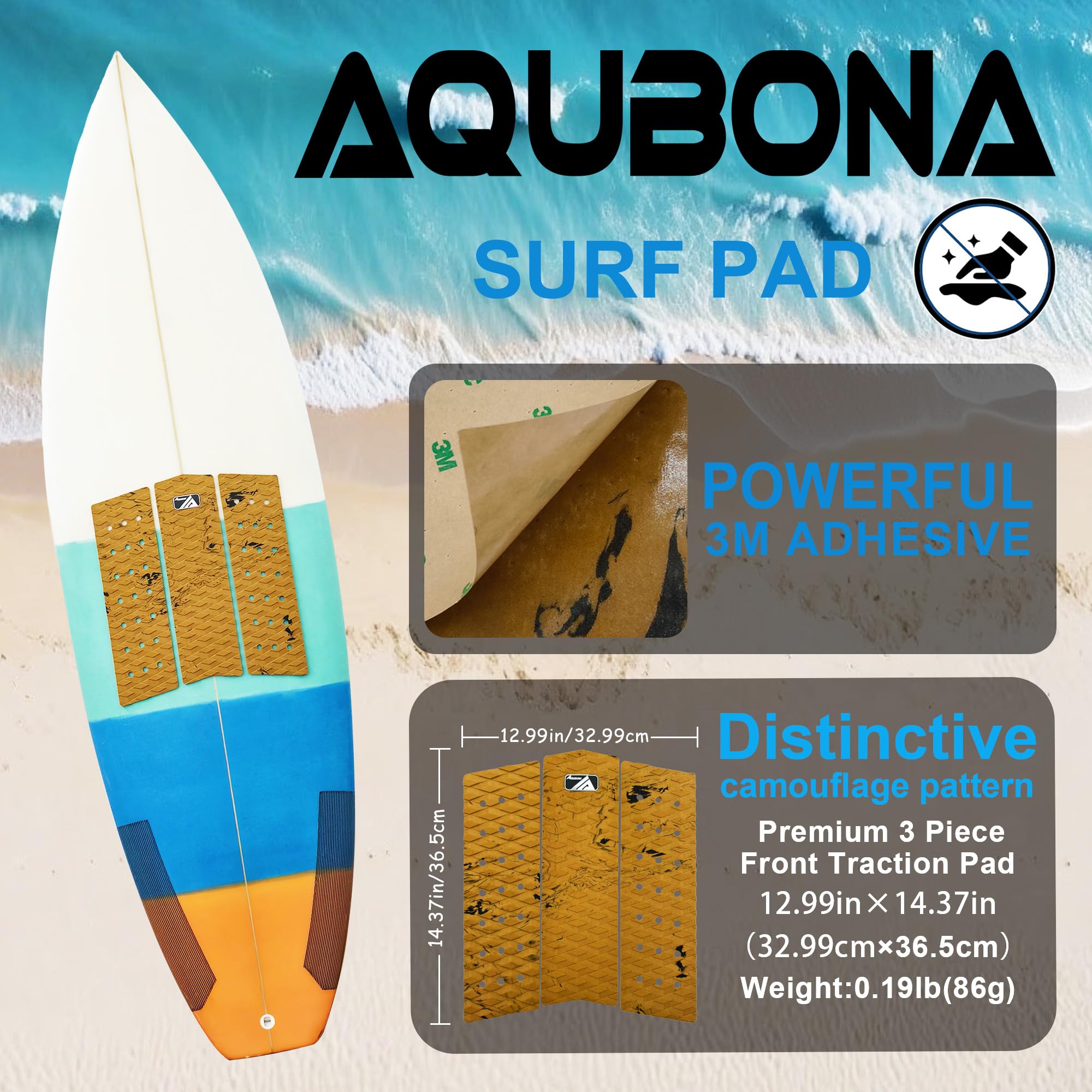 AQUBONA 3 Stück Stomp Pad Surfbrett Eva Front Traction Pad mit Kleber Heck Pad Professionell Anwendbar für alle Surfbretter, Shortboards, Longboards, Skimboards