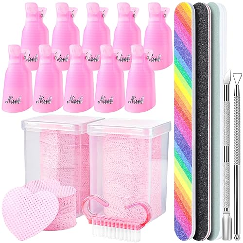 HNYYZL Kit de herramientas para quitar esmalte de uñas con clips de uñas, 400 almohadillas de algodón rosa para quitar uñas, cepillo de uñas de