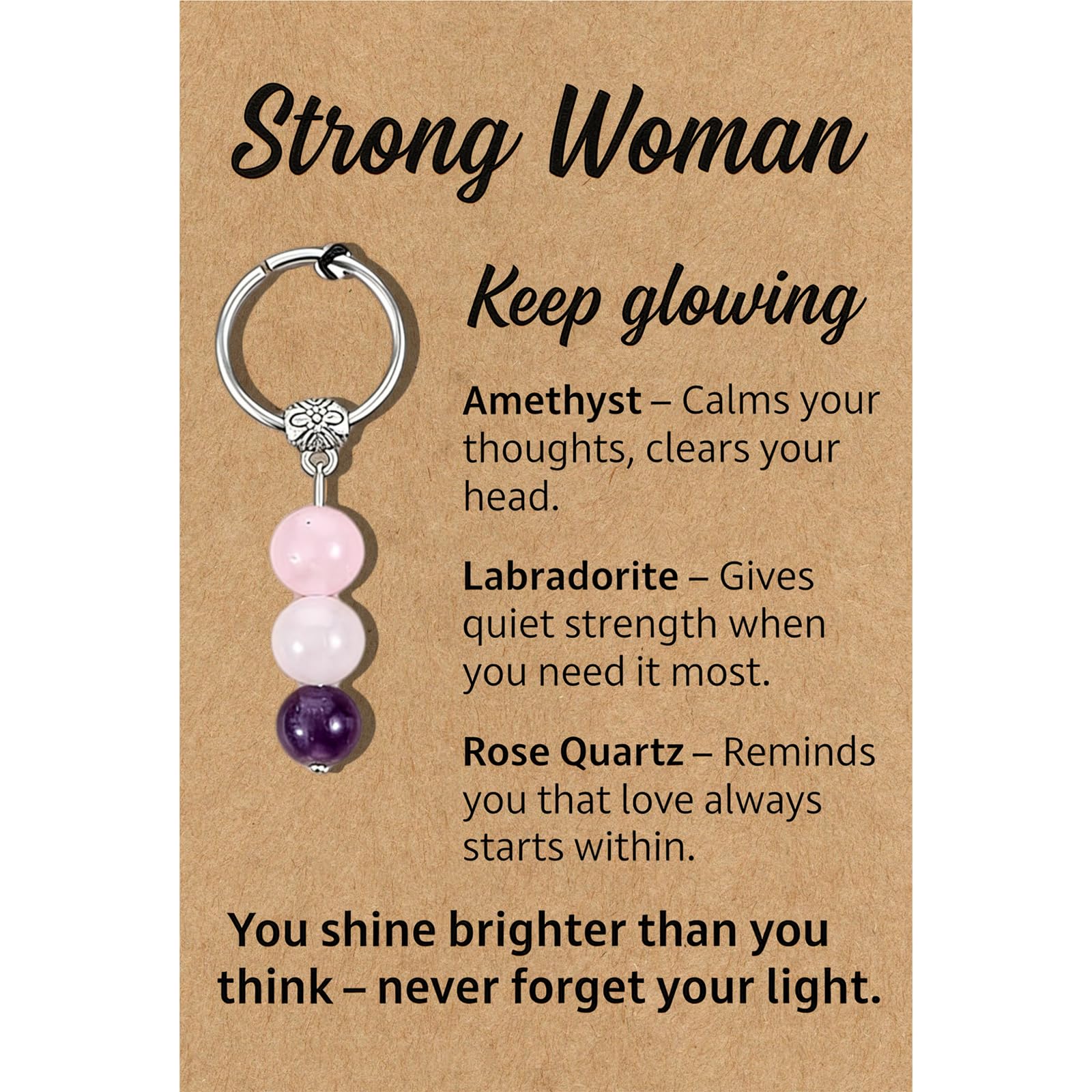PHIOMUUE Crystal Keychain for Women – Strong Woman Keep Glowing Gift, Natural Amethyst Labradorite Rose Quartz Bag Charm, Inspirational Divorce Gift, Good Luck Protection Keyring, Llaveros Para Mujer